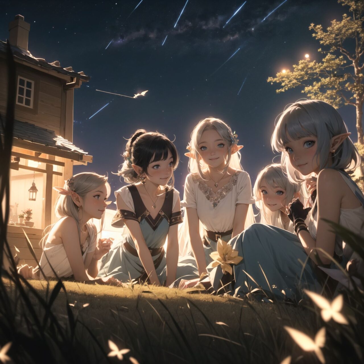 (Dark but beautiful night background:1.8), 
(four naive age 12 elf girls:1.4), 
(play house with friends:1.4), wide shot, 
(Fantasy world), 
(Innocent, youthful expression, gentle smile, blushing soft cheeks, shy attitude:1.3), 
shy Idol smile, 

Blue-grey hair, Stylish short cut, delicate hair flow, 

Fantastic forests full of life, 
(All life is gathered together), 
(Colourful fairies flit about:1.2), 
(adds to the loveliness of the scene:1.4), 

Focus on face, shallow depth of field, (f/1.2 lens:1.2), high resolution, depth blur,