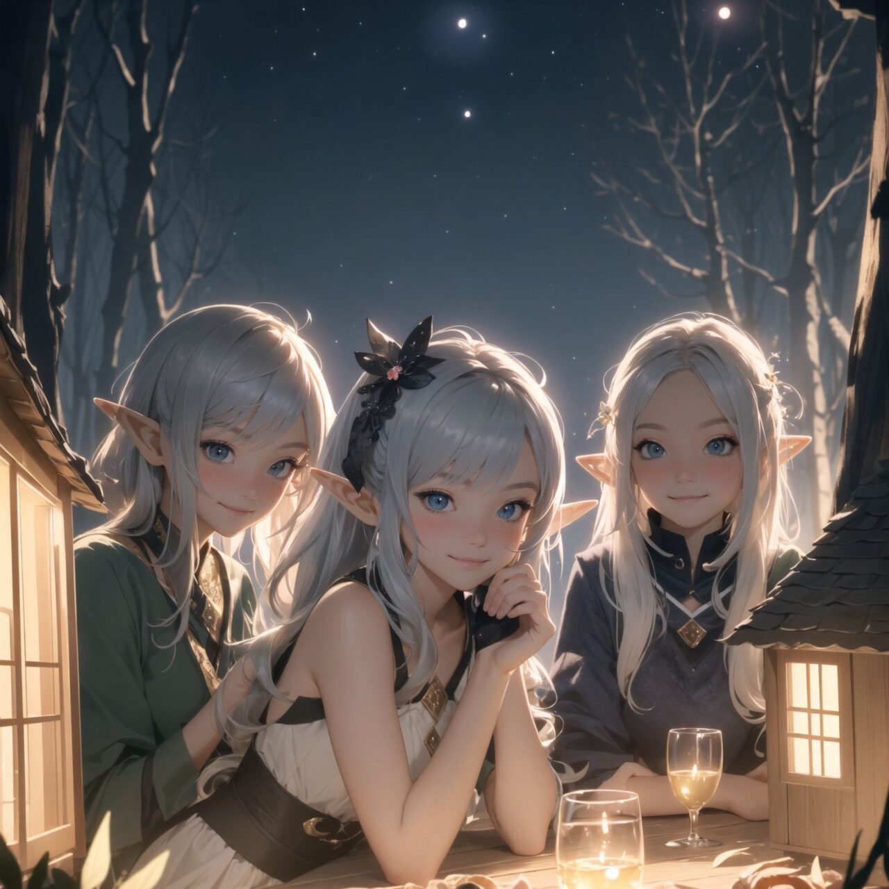 (Dark but beautiful night background:1.8), 
(four naive age 12 elf girls:1.4), 
(play house with friends:1.4), wide shot, 
(Fantasy world), 
(Innocent, youthful expression, gentle smile, blushing soft cheeks, shy attitude:1.3), 
shy Idol smile, 

Blue-grey hair, Stylish short cut, delicate hair flow, 

Fantastic forests full of life, 
(All life is gathered together), 
(Colourful fairies flit about:1.2), 
(adds to the loveliness of the scene:1.4), 

Focus on face, shallow depth of field, (f/1.2 lens:1.2), high resolution, depth blur,