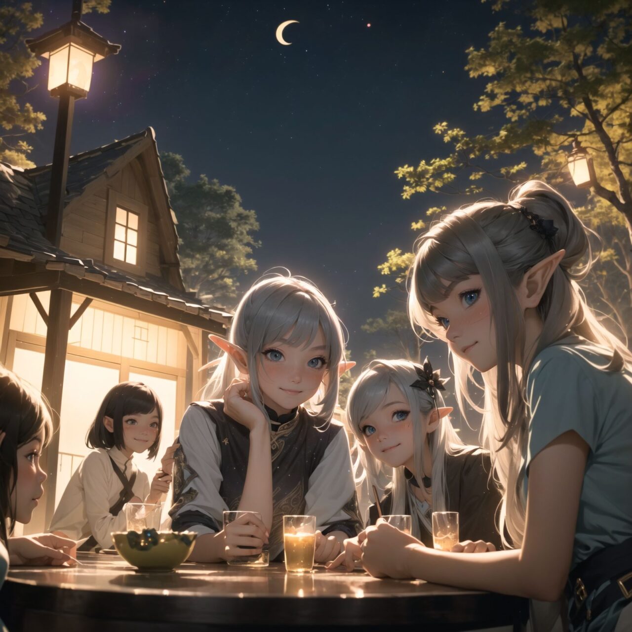 (Dark but beautiful night background:1.8), 
(four naive age 12 elf girls:1.4), 
(play house with friends:1.4), wide shot, 
(Fantasy world), 
(Innocent, youthful expression, gentle smile, blushing soft cheeks, shy attitude:1.3), 
shy Idol smile, 

Blue-grey hair, Stylish short cut, delicate hair flow, 

Fantastic forests full of life, 
(All life is gathered together), 
(Colourful fairies flit about:1.2), 
(adds to the loveliness of the scene:1.4), 

Focus on face, shallow depth of field, (f/1.2 lens:1.2), high resolution, depth blur,