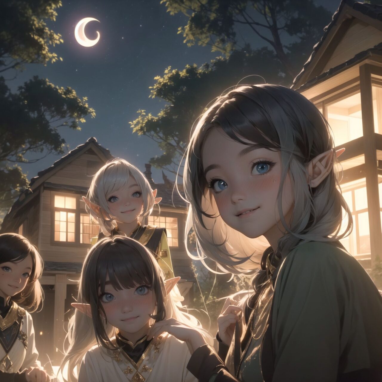 (Dark but beautiful night background:1.8), 
(four naive age 12 elf girls:1.4), 
(play house with friends:1.4), wide shot, 
(Fantasy world), 
(Innocent, youthful expression, gentle smile, blushing soft cheeks, shy attitude:1.3), 
shy Idol smile, 

Blue-grey hair, Stylish short cut, delicate hair flow, 

Fantastic forests full of life, 
(All life is gathered together), 
(Colourful fairies flit about:1.2), 
(adds to the loveliness of the scene:1.4), 

Focus on face, shallow depth of field, (f/1.2 lens:1.2), high resolution, depth blur,