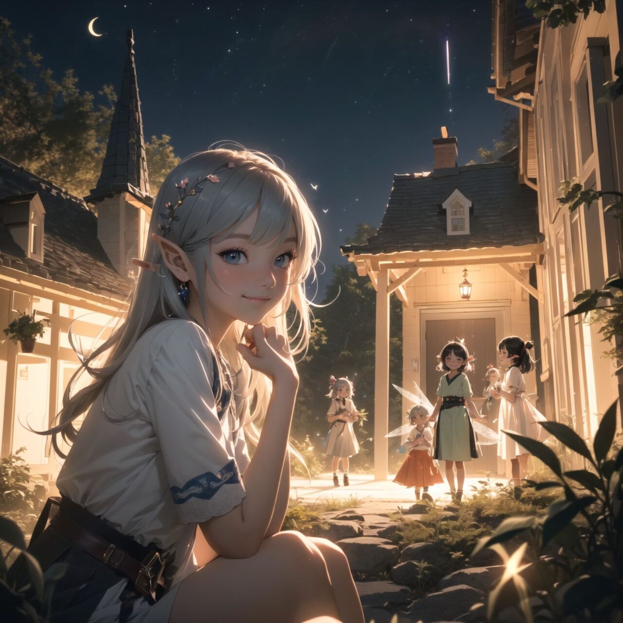 (Dark but beautiful night background:1.8), 
(four naive age 12 elf girls:1.4), 
(play house with friends:1.4), wide shot, 
(Fantasy world), 
(Innocent, youthful expression, gentle smile, blushing soft cheeks, shy attitude:1.3), 
shy Idol smile, 

Blue-grey hair, Stylish short cut, delicate hair flow, 

Fantastic forests full of life, 
(All life is gathered together), 
(Colourful fairies flit about:1.2), 
(adds to the loveliness of the scene:1.4), 

Focus on face, shallow depth of field, (f/1.2 lens:1.2), high resolution, depth blur,