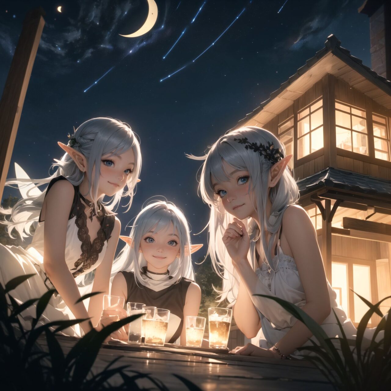 (Dark but beautiful night background:1.8), 
(four naive age 12 elf girls:1.4), 
(play house with friends:1.4), wide shot, 
(Fantasy world), 
(Innocent, youthful expression, gentle smile, blushing soft cheeks, shy attitude:1.3), 
shy Idol smile, 

Blue-grey hair, Stylish short cut, delicate hair flow, 

Fantastic forests full of life, 
(All life is gathered together), 
(Colourful fairies flit about:1.2), 
(adds to the loveliness of the scene:1.4), 

Focus on face, shallow depth of field, (f/1.2 lens:1.2), high resolution, depth blur,