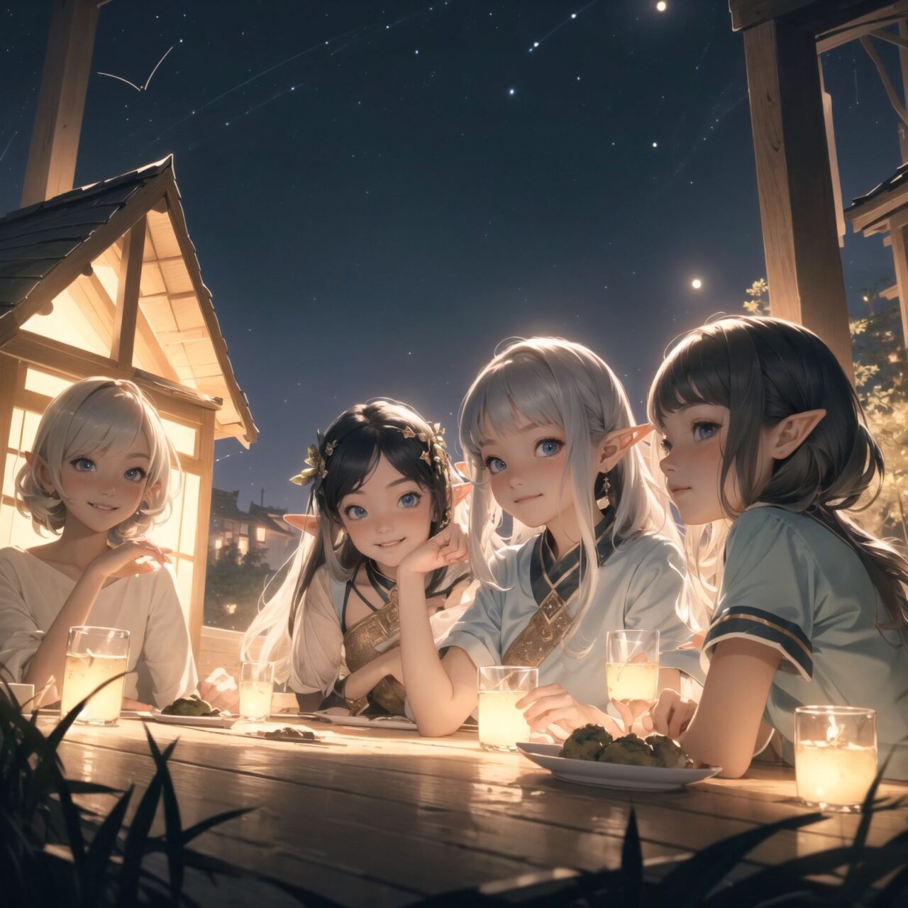 (Dark but beautiful night background:1.8), 
(four naive age 12 elf girls:1.4), 
(play house with friends:1.4), wide shot, 
(Fantasy world), 
(Innocent, youthful expression, gentle smile, blushing soft cheeks, shy attitude:1.3), 
shy Idol smile, 

Blue-grey hair, Stylish short cut, delicate hair flow, 

Fantastic forests full of life, 
(All life is gathered together), 
(Colourful fairies flit about:1.2), 
(adds to the loveliness of the scene:1.4), 

Focus on face, shallow depth of field, (f/1.2 lens:1.2), high resolution, depth blur,