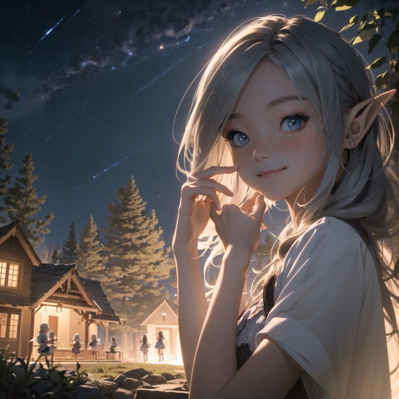 (Dark but beautiful night background:1.8), 
(four naive age 12 elf girls:1.4), 
(play house with friends:1.4), wide shot, 
(Fantasy world), 
(Innocent, youthful expression, gentle smile, blushing soft cheeks, shy attitude:1.3), 
shy Idol smile, 

Blue-grey hair, Stylish short cut, delicate hair flow, 

Fantastic forests full of life, 
(All life is gathered together), 
(Colourful fairies flit about:1.2), 
(adds to the loveliness of the scene:1.4), 

Focus on face, shallow depth of field, (f/1.2 lens:1.2), high resolution, depth blur,