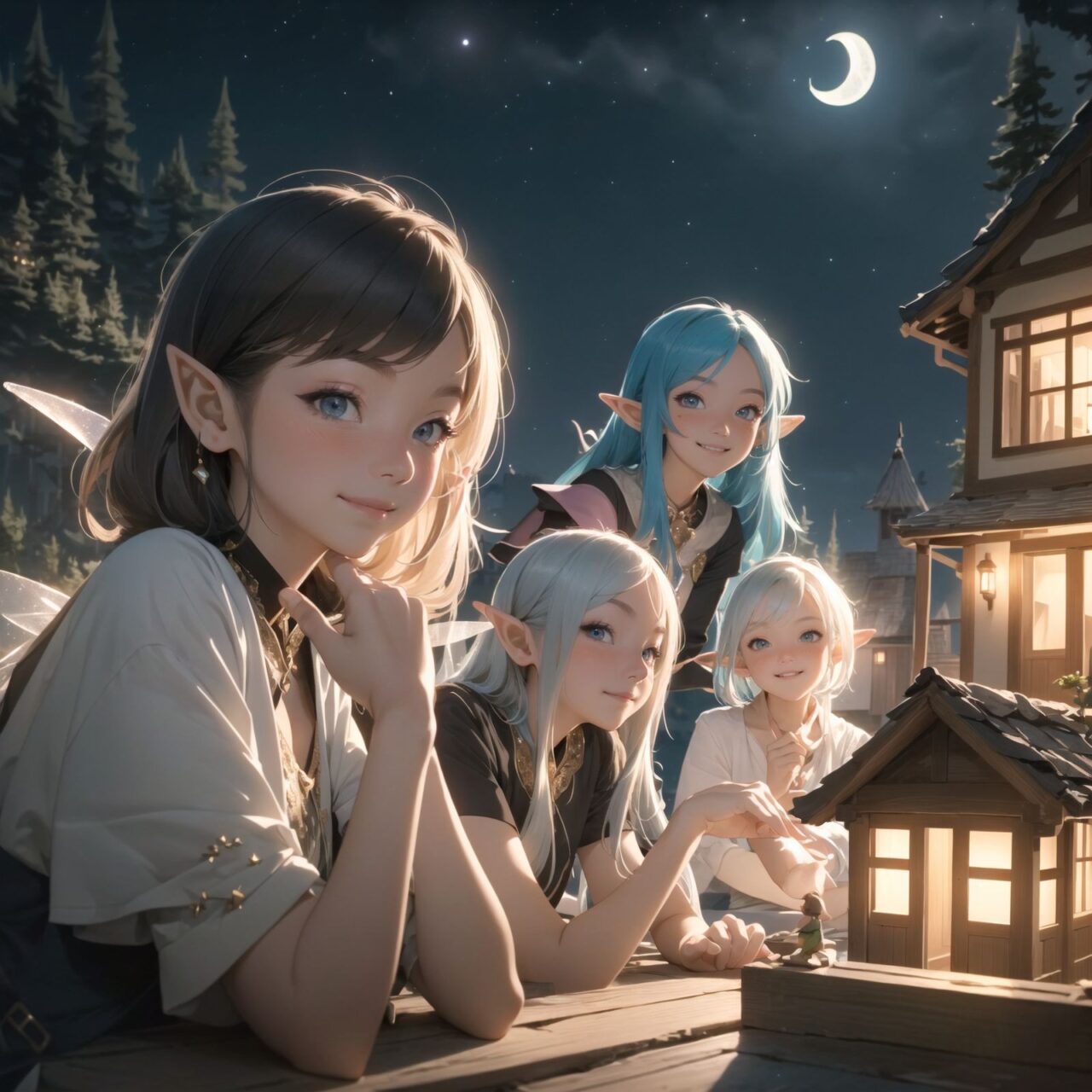 (Dark but beautiful night background:1.8), 
(four naive age 12 elf girls:1.4), 
(play house with friends:1.4), wide shot, 
(Fantasy world), 
(Innocent, youthful expression, gentle smile, blushing soft cheeks, shy attitude:1.3), 
shy Idol smile, 

Blue-grey hair, Stylish short cut, delicate hair flow, 

Fantastic forests full of life, 
(All life is gathered together), 
(Colourful fairies flit about:1.2), 
(adds to the loveliness of the scene:1.4), 

Focus on face, shallow depth of field, (f/1.2 lens:1.2), high resolution, depth blur,