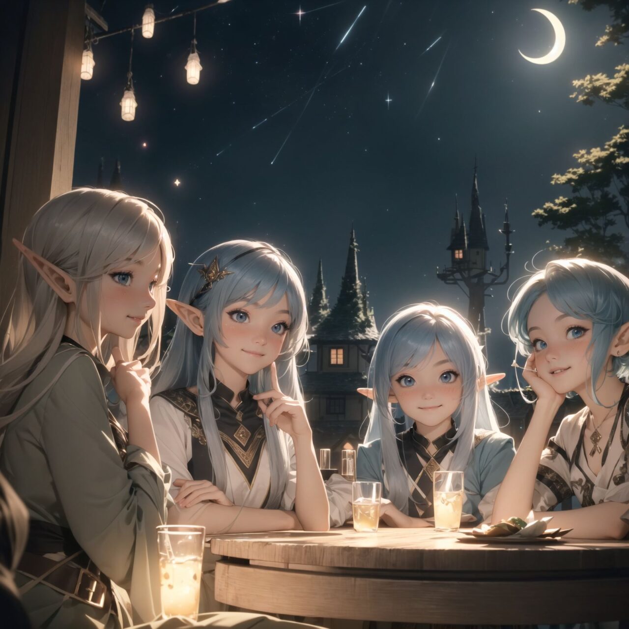 (Dark but beautiful night background:1.8), 
(four naive age 12 elf girls:1.4), 
(play house with friends:1.4), wide shot, 
(Fantasy world), 
(Innocent, youthful expression, gentle smile, blushing soft cheeks, shy attitude:1.3), 
shy Idol smile, 

Blue-grey hair, Stylish short cut, delicate hair flow, 

Fantastic forests full of life, 
(All life is gathered together), 
(Colourful fairies flit about:1.2), 
(adds to the loveliness of the scene:1.4), 

Focus on face, shallow depth of field, (f/1.2 lens:1.2), high resolution, depth blur,