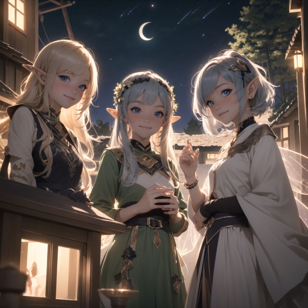 (Dark but beautiful night background:1.8), 
(four naive age 12 elf girls:1.4), 
(play house with friends:1.4), wide shot, 
(Fantasy world), 
(Innocent, youthful expression, gentle smile, blushing soft cheeks, shy attitude:1.3), 
shy Idol smile, 

Blue-grey hair, Stylish short cut, delicate hair flow, 

Fantastic forests full of life, 
(All life is gathered together), 
(Colourful fairies flit about:1.2), 
(adds to the loveliness of the scene:1.4), 

Focus on face, shallow depth of field, (f/1.2 lens:1.2), high resolution, depth blur,