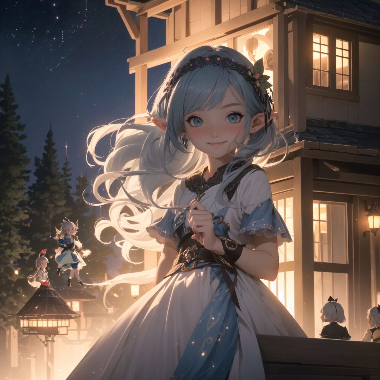 (Dark but beautiful night background:1.8), 
(four naive age 12 elf girls:1.4), 
(play house with friends:1.4), wide shot, 
(Fantasy world), 
(Innocent, youthful expression, gentle smile, blushing soft cheeks, shy attitude:1.3), 
shy Idol smile, 

Blue-grey hair, Stylish short cut, delicate hair flow, 

Fantastic forests full of life, 
(All life is gathered together), 
(Colourful fairies flit about:1.2), 
(adds to the loveliness of the scene:1.4), 

Focus on face, shallow depth of field, (f/1.2 lens:1.2), high resolution, depth blur,