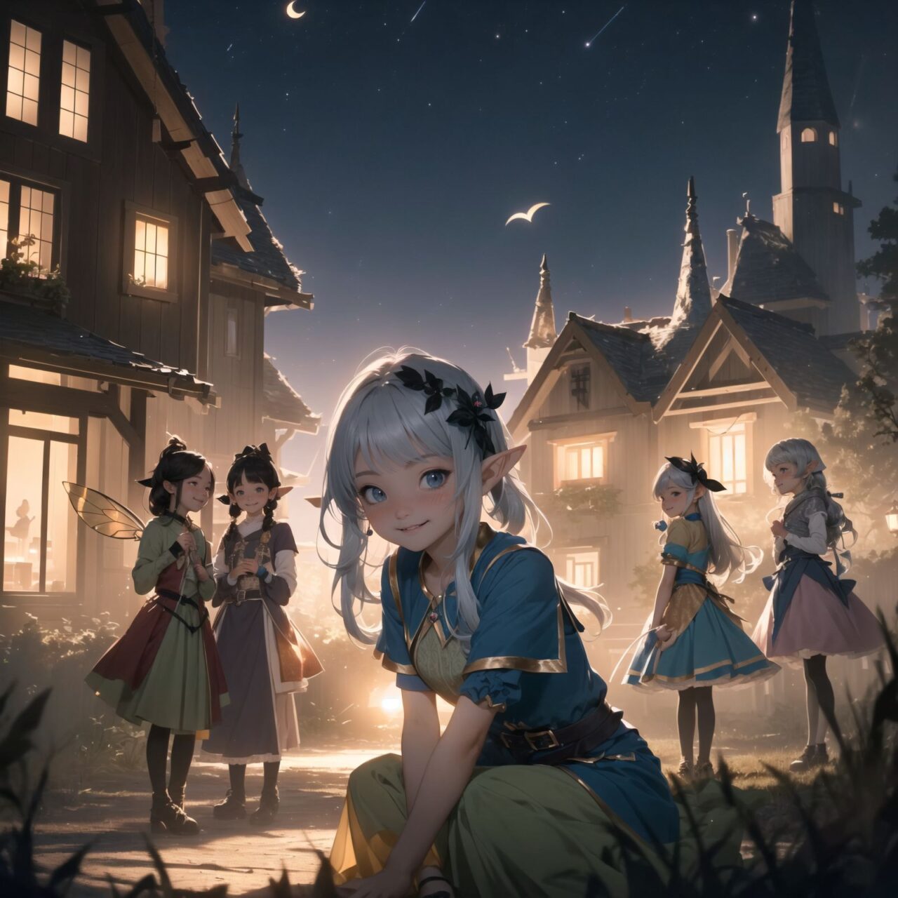 (Dark but beautiful night background:1.8), 
(four naive age 12 elf girls:1.4), 
(play house with friends:1.4), wide shot, 
(Fantasy world), 
(Innocent, youthful expression, gentle smile, blushing soft cheeks, shy attitude:1.3), 
shy Idol smile, 

Blue-grey hair, Stylish short cut, delicate hair flow, 

Fantastic forests full of life, 
(All life is gathered together), 
(Colourful fairies flit about:1.2), 
(adds to the loveliness of the scene:1.4), 

Focus on face, shallow depth of field, (f/1.2 lens:1.2), high resolution, depth blur,