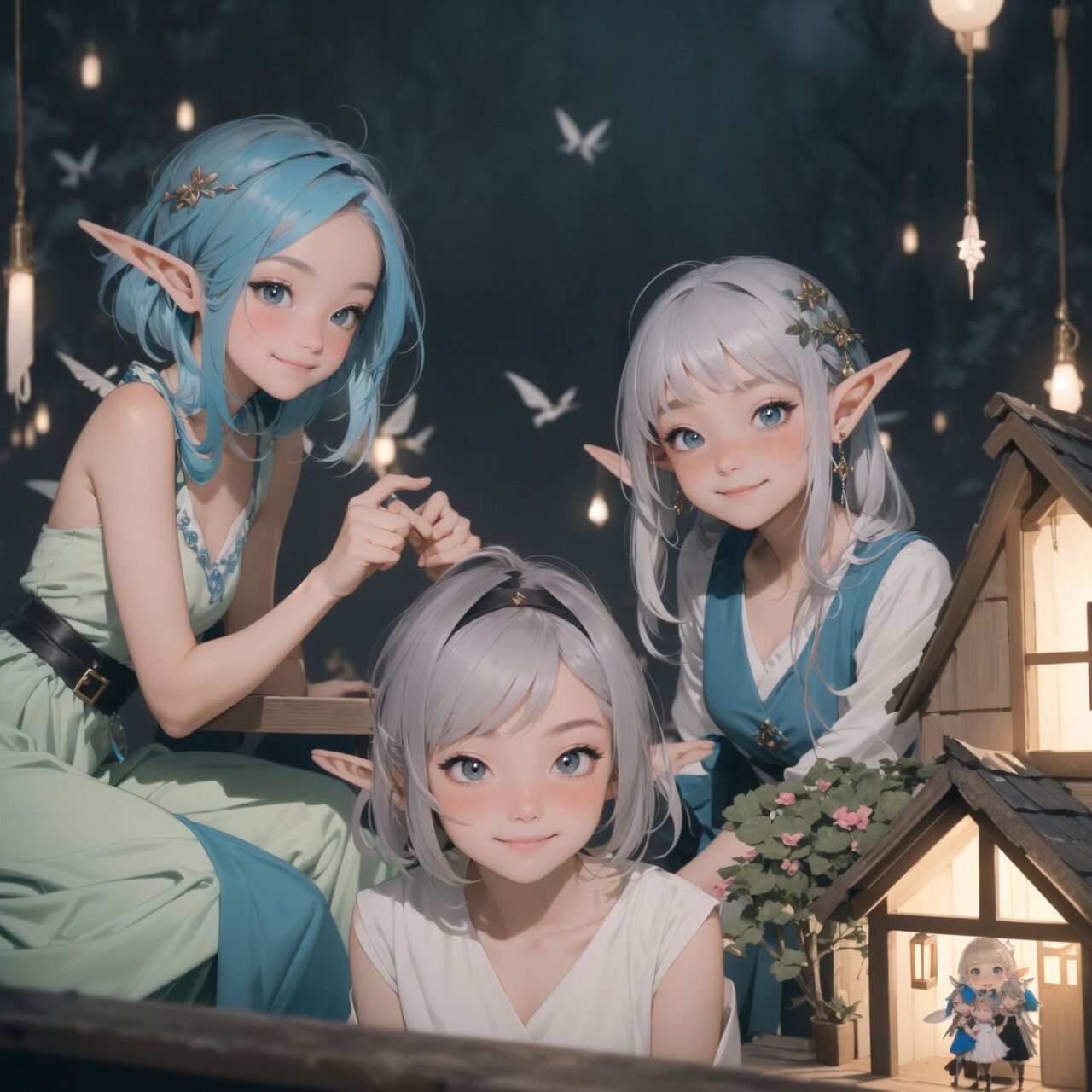 (Dark but beautiful background:1.8), 
(four naive age 12 elf girls:1.4), 
(play house with friends:1.4), wide shot, 
(Fantasy world), 
(Innocent, youthful expression, gentle smile, blushing soft cheeks, shy attitude:1.3), 
shy Idol smile, 

Blue-grey hair, Stylish short cut, delicate hair flow, 

Fantastic forests full of life, 
(All life is gathered together), 
(Colourful fairies flit about:1.2), 
(adds to the loveliness of the scene:1.4), 

Focus on face, shallow depth of field, (f/1.2 lens:1.2), high resolution, depth blur,