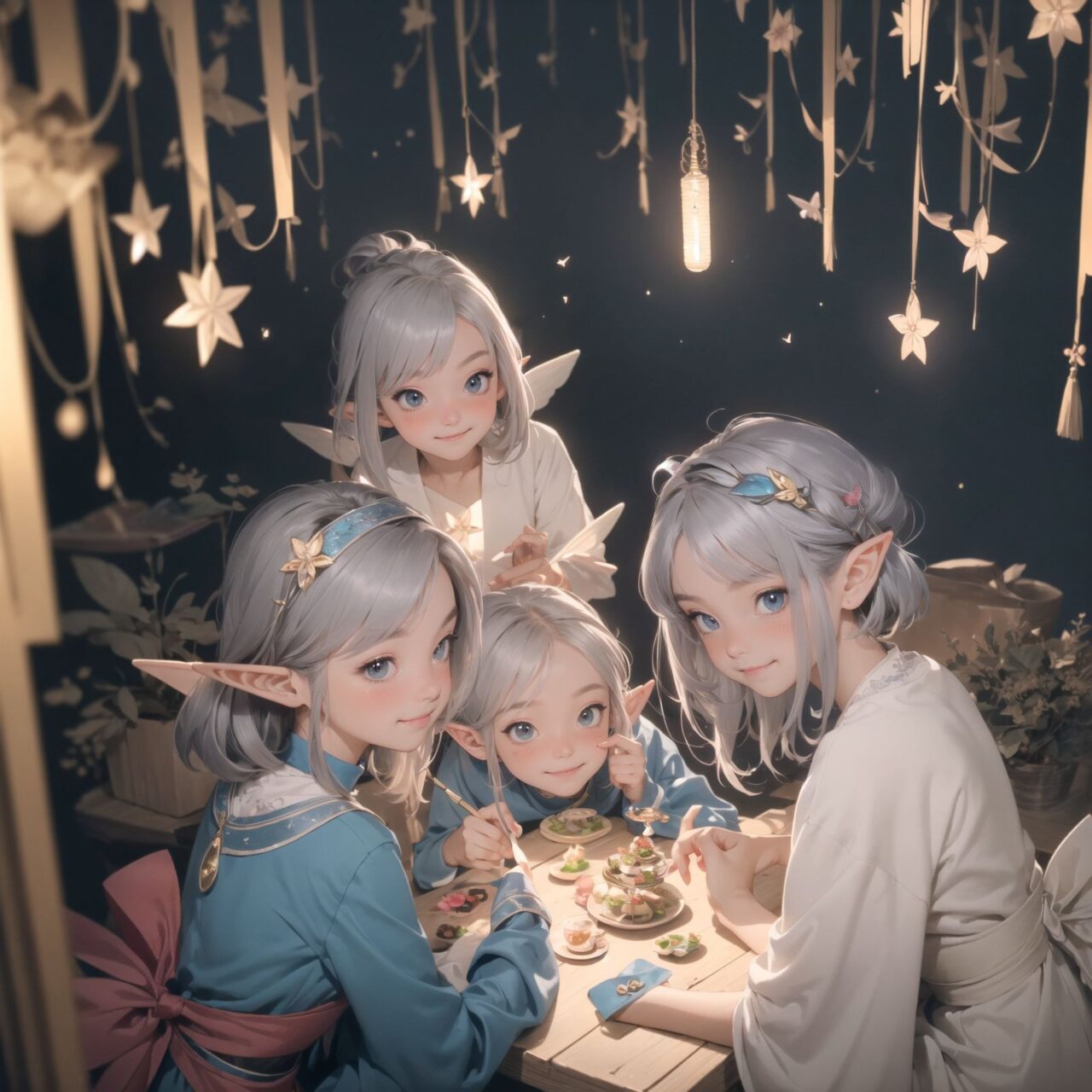 (Dark but beautiful background:1.8), 
(four naive age 12 elf girls:1.4), 
(play house with friends:1.4), wide shot, 
(Fantasy world), 
(Innocent, youthful expression, gentle smile, blushing soft cheeks, shy attitude:1.3), 
shy Idol smile, 

Blue-grey hair, Stylish short cut, delicate hair flow, 

Fantastic forests full of life, 
(All life is gathered together), 
(Colourful fairies flit about:1.2), 
(adds to the loveliness of the scene:1.4), 

Focus on face, shallow depth of field, (f/1.2 lens:1.2), high resolution, depth blur,