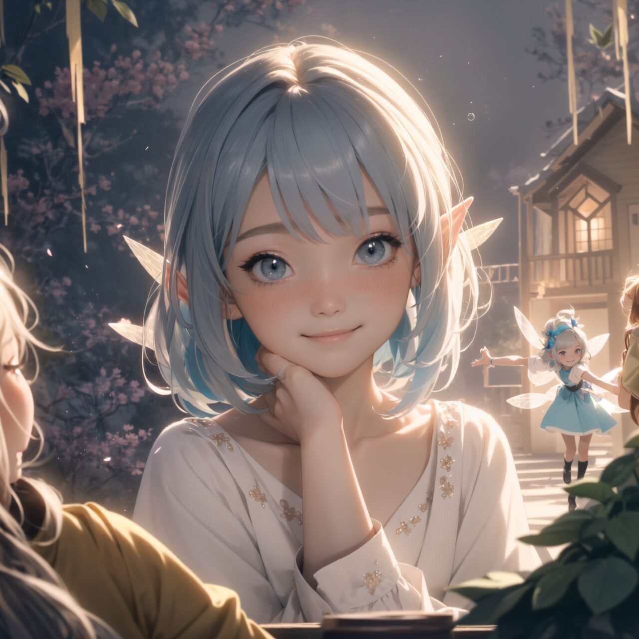 (Dark but beautiful background:1.8), 
(four naive age 12 elf girls:1.4), 
(play house with friends:1.4), wide shot, 
(Fantasy world), 
(Innocent, youthful expression, gentle smile, blushing soft cheeks, shy attitude:1.3), 
shy Idol smile, 

Blue-grey hair, Stylish short cut, delicate hair flow, 

Fantastic forests full of life, 
(All life is gathered together), 
(Colourful fairies flit about:1.2), 
(adds to the loveliness of the scene:1.4), 

Focus on face, shallow depth of field, (f/1.2 lens:1.2), high resolution, depth blur,