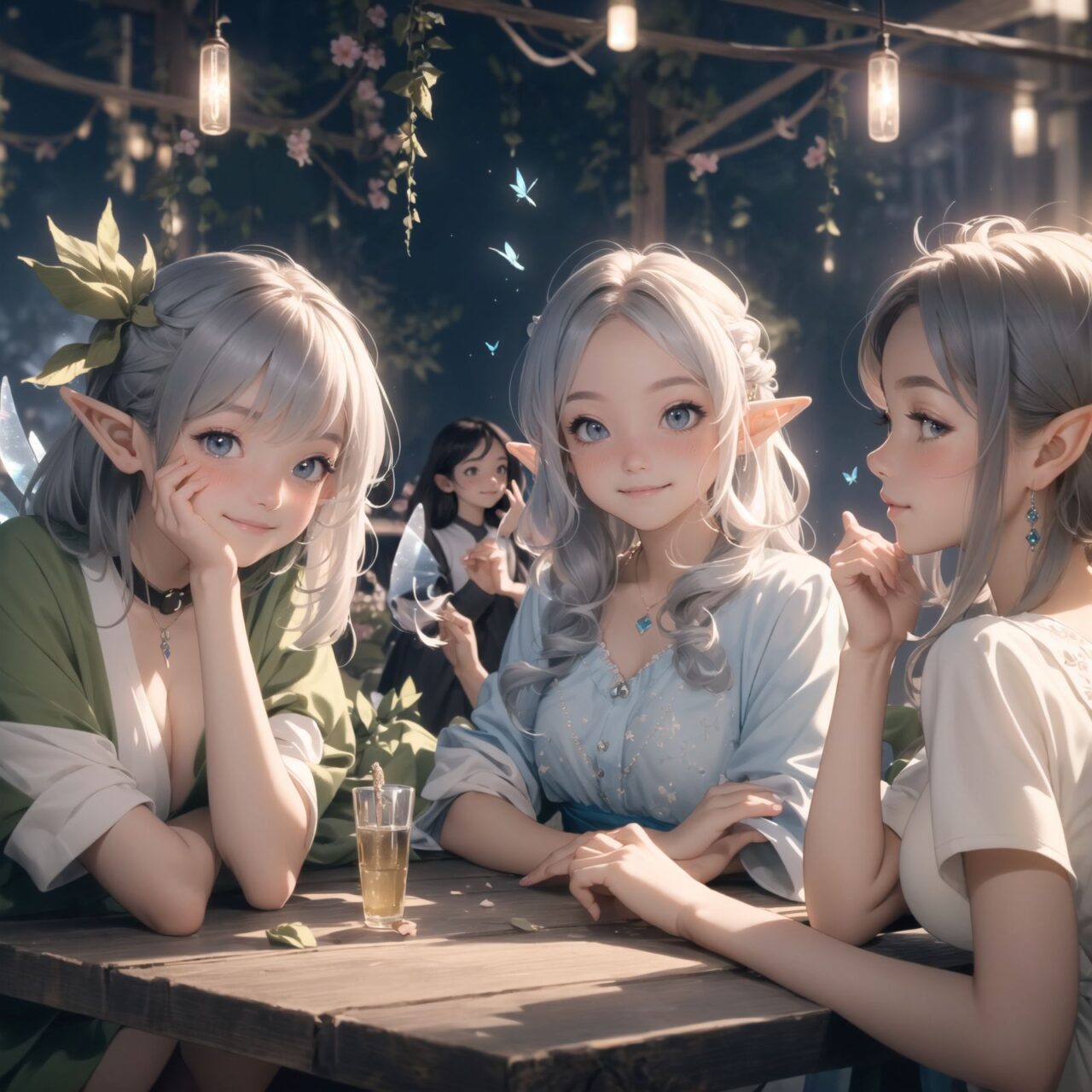 (Dark but beautiful background:1.8), 
(four naive age 12 elf girls:1.4), 
(play house with friends:1.4), wide shot, 
(Fantasy world), 
(Innocent, youthful expression, gentle smile, blushing soft cheeks, shy attitude:1.3), 
shy Idol smile, 

Blue-grey hair, Stylish short cut, delicate hair flow, 

Fantastic forests full of life, 
(All life is gathered together), 
(Colourful fairies flit about:1.2), 
(adds to the loveliness of the scene:1.4), 

Focus on face, shallow depth of field, (f/1.2 lens:1.2), high resolution, depth blur,