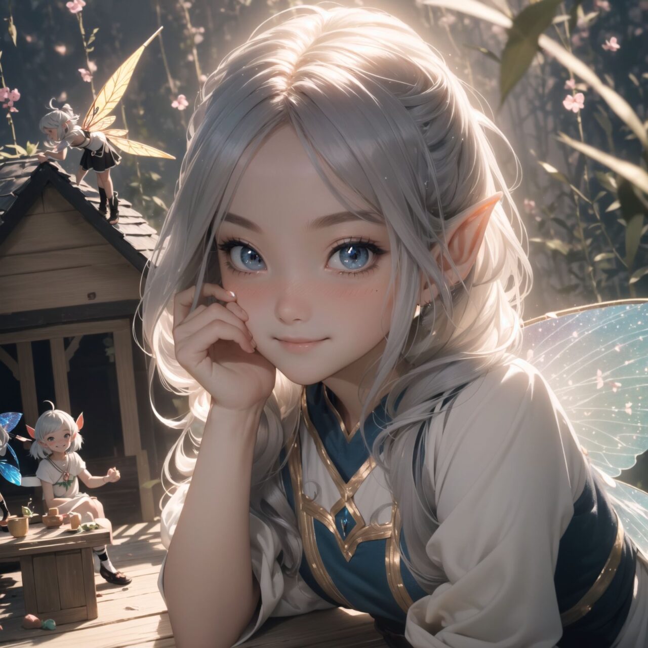 (Dark but beautiful background:1.8), 
(four naive age 12 elf girls:1.4), 
(play house with friends:1.4), wide shot, 
(Fantasy world), 
(Innocent, youthful expression, gentle smile, blushing soft cheeks, shy attitude:1.3), 
shy Idol smile, 

Blue-grey hair, Stylish short cut, delicate hair flow, 

Fantastic forests full of life, 
(All life is gathered together), 
(Colourful fairies flit about:1.2), 
(adds to the loveliness of the scene:1.4), 

Focus on face, shallow depth of field, (f/1.2 lens:1.2), high resolution, depth blur,