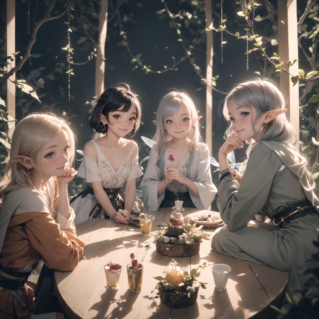 (Dark but beautiful background:1.8), 
(four naive age 12 elf girls:1.4), 
(play house with friends:1.4), wide shot, 
(Fantasy world), 
(Innocent, youthful expression, gentle smile, blushing soft cheeks, shy attitude:1.3), 
shy Idol smile, 

Blue-grey hair, Stylish short cut, delicate hair flow, 

Fantastic forests full of life, 
(All life is gathered together), 
(Colourful fairies flit about:1.2), 
(adds to the loveliness of the scene:1.4), 

Focus on face, shallow depth of field, (f/1.2 lens:1.2), high resolution, depth blur,