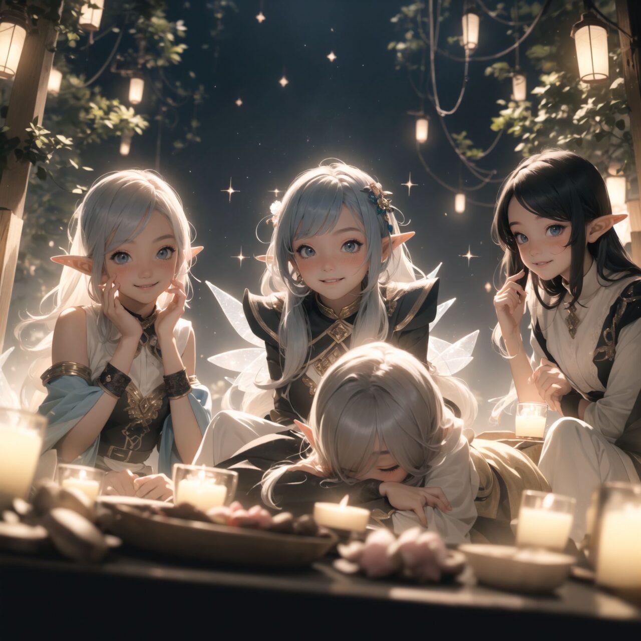 (Dark but beautiful background:1.8), 
(four naive age 12 elf girls:1.4), 
(play house with friends:1.4), wide shot, 
(Fantasy world), 
(Innocent, youthful expression, gentle smile, blushing soft cheeks, shy attitude:1.3), 
shy Idol smile, 

Blue-grey hair, Stylish short cut, delicate hair flow, 

Fantastic forests full of life, 
(All life is gathered together), 
(Colourful fairies flit about:1.2), 
(adds to the loveliness of the scene:1.4), 

Focus on face, shallow depth of field, (f/1.2 lens:1.2), high resolution, depth blur,