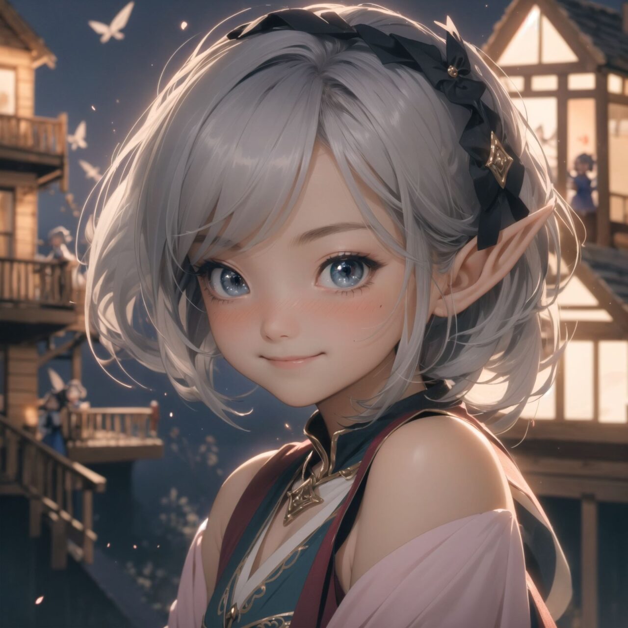 (Dark but beautiful background:1.8), 
(four naive age 12 elf girls:1.4), 
(play house with friends:1.4), wide shot, 
(Fantasy world), 
(Innocent, youthful expression, gentle smile, blushing soft cheeks, shy attitude:1.3), 
shy Idol smile, 

Blue-grey hair, Stylish short cut, delicate hair flow, 

Fantastic forests full of life, 
(All life is gathered together), 
(Colourful fairies flit about:1.2), 
(adds to the loveliness of the scene:1.4), 

Focus on face, shallow depth of field, (f/1.2 lens:1.2), high resolution, depth blur,