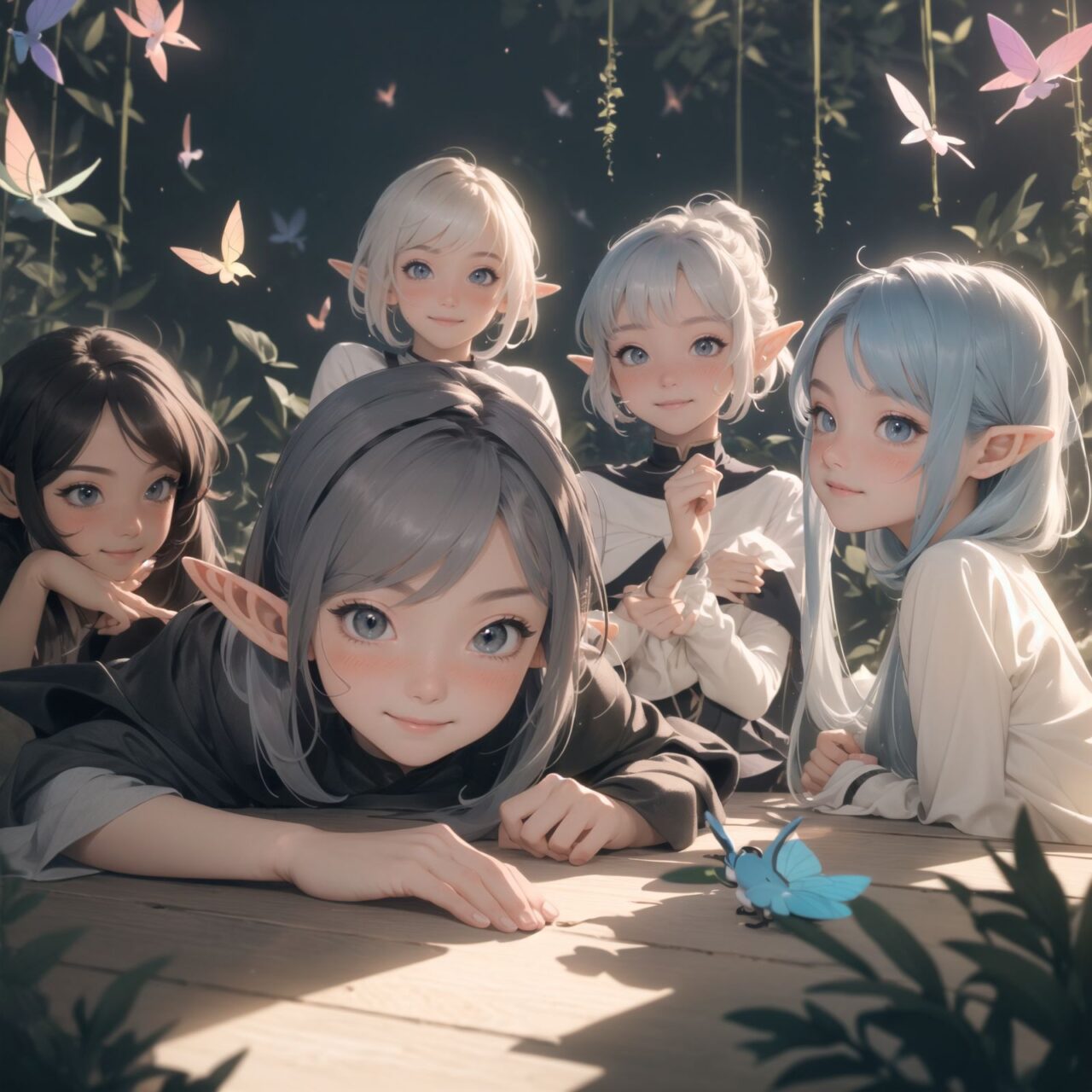 (Dark but beautiful background:1.8), 
(four naive age 12 elf girls:1.4), 
(play house with friends:1.4), wide shot, 
(Fantasy world), 
(Innocent, youthful expression, gentle smile, blushing soft cheeks, shy attitude:1.3), 
shy Idol smile, 

Blue-grey hair, Stylish short cut, delicate hair flow, 

Fantastic forests full of life, 
(All life is gathered together), 
(Colourful fairies flit about:1.2), 
(adds to the loveliness of the scene:1.4), 

Focus on face, shallow depth of field, (f/1.2 lens:1.2), high resolution, depth blur,