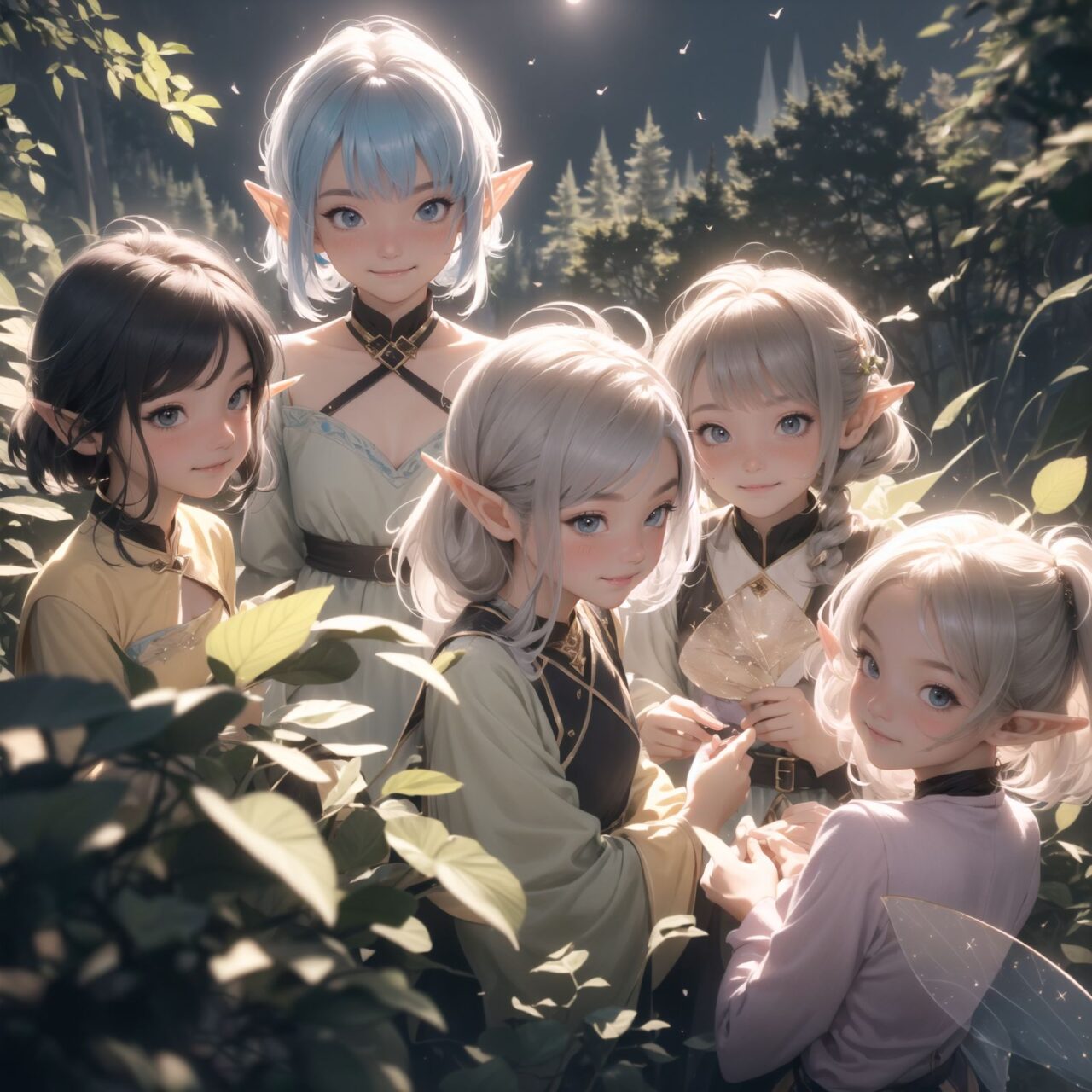 (Dark but beautiful background:1.8), 
(four naive age 12 elf girls:1.4), 
(play house with friends:1.4), wide shot, 
(Fantasy world), 
(Innocent, youthful expression, gentle smile, blushing soft cheeks, shy attitude:1.3), 
shy Idol smile, 

Blue-grey hair, Stylish short cut, delicate hair flow, 

Fantastic forests full of life, 
(All life is gathered together), 
(Colourful fairies flit about:1.2), 
(adds to the loveliness of the scene:1.4), 

Focus on face, shallow depth of field, (f/1.2 lens:1.2), high resolution, depth blur,