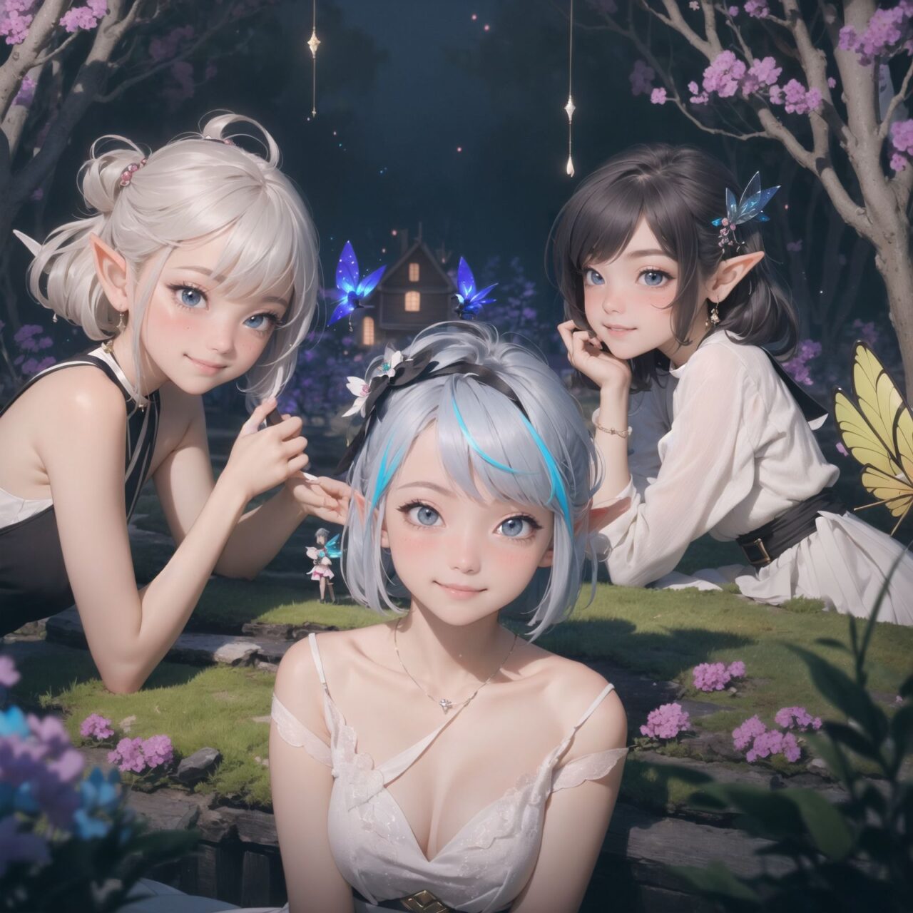 (Dark but beautiful background:1.8), 
(four naive age 12 elf girls:1.4), 
(play house with friends:1.4), wide shot, 
(Fantasy world), 
(Innocent, youthful expression, gentle smile, blushing soft cheeks, shy attitude:1.3), 
shy Idol smile, 

Blue-grey hair, Stylish short cut, delicate hair flow, 

Fantastic forests full of life, 
(All life is gathered together), 
(Colourful fairies flit about:1.2), 
(adds to the loveliness of the scene:1.4), 

Focus on face, shallow depth of field, (f/1.2 lens:1.2), high resolution, depth blur,