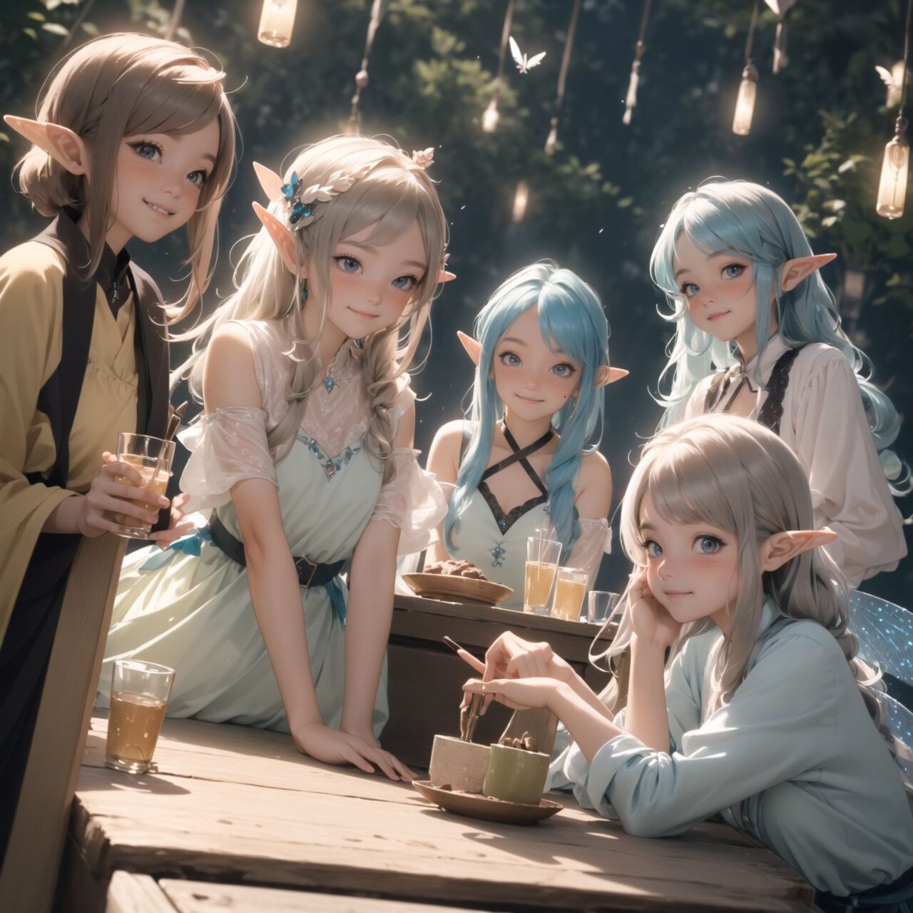 (Dark but beautiful background:1.8), 
(four naive age 12 elf girls:1.4), 
(play house with friends:1.4), wide shot, 
(Fantasy world), 
(Innocent, youthful expression, gentle smile, blushing soft cheeks, shy attitude:1.3), 
shy Idol smile, 

Blue-grey hair, Stylish short cut, delicate hair flow, 

Fantastic forests full of life, 
(All life is gathered together), 
(Colourful fairies flit about:1.2), 
(adds to the loveliness of the scene:1.4), 

Focus on face, shallow depth of field, (f/1.2 lens:1.2), high resolution, depth blur,