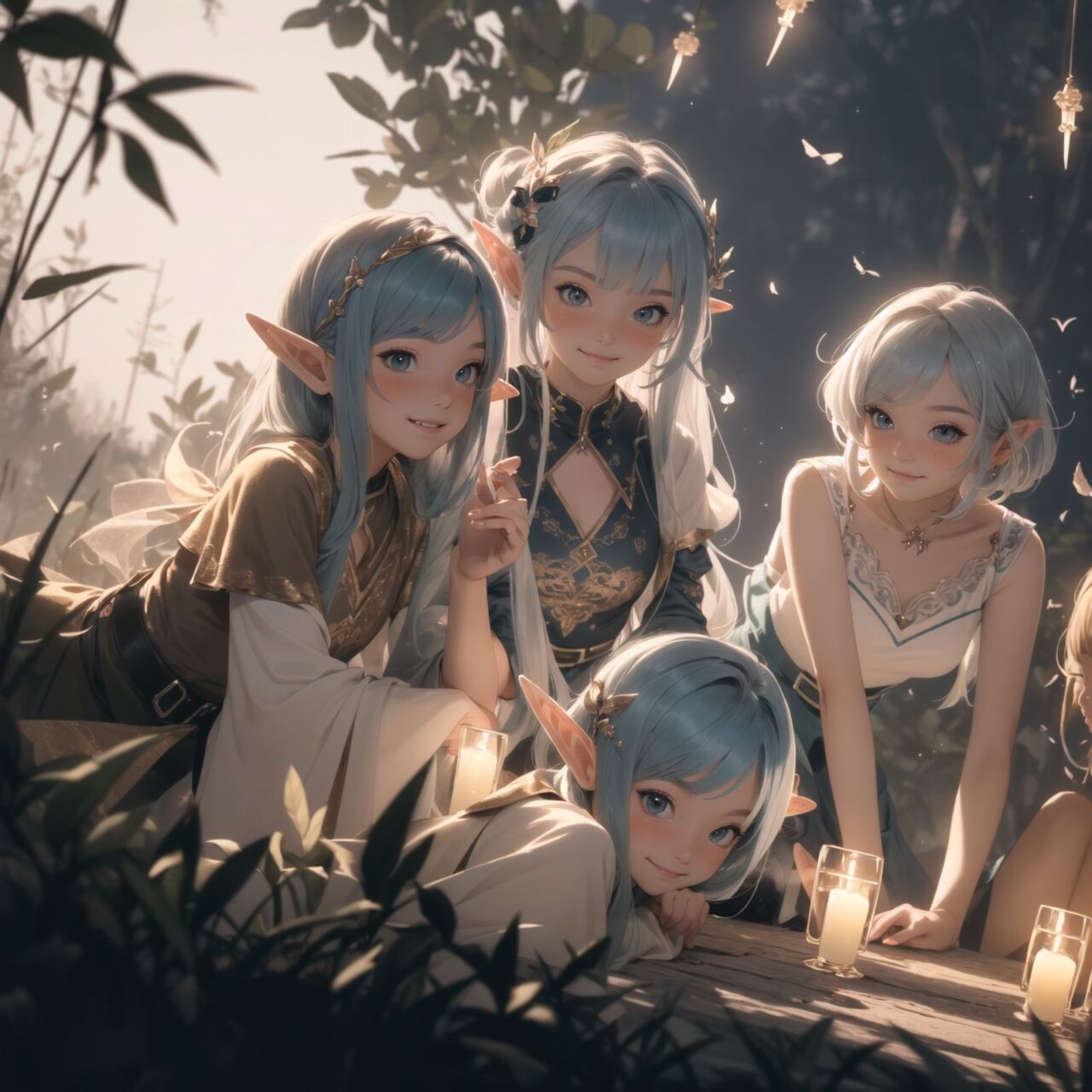 (Dark but beautiful background:1.8), 
(four naive age 12 elf girls:1.4), 
(play house with friends:1.4), wide shot, 
(Fantasy world), 
(Innocent, youthful expression, gentle smile, blushing soft cheeks, shy attitude:1.3), 
shy Idol smile, 

Blue-grey hair, Stylish short cut, delicate hair flow, 

Fantastic forests full of life, 
(All life is gathered together), 
(Colourful fairies flit about:1.2), 
(adds to the loveliness of the scene:1.4), 

Focus on face, shallow depth of field, (f/1.2 lens:1.2), high resolution, depth blur,