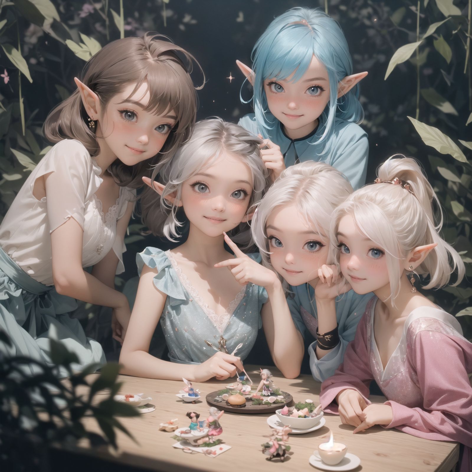 (Dark but beautiful background:1.8), 
(four naive age 12 elf girls:1.4), 
(play house with friends:1.4), wide shot, 
(Fantasy world), 
(Innocent, youthful expression, gentle smile, blushing soft cheeks, shy attitude:1.3), 
shy Idol smile, 

Blue-grey hair, Stylish short cut, delicate hair flow, 

Fantastic forests full of life, 
(All life is gathered together), 
(Colourful fairies flit about:1.2), 
(adds to the loveliness of the scene:1.4), 

Focus on face, shallow depth of field, (f/1.2 lens:1.2), high resolution, depth blur,