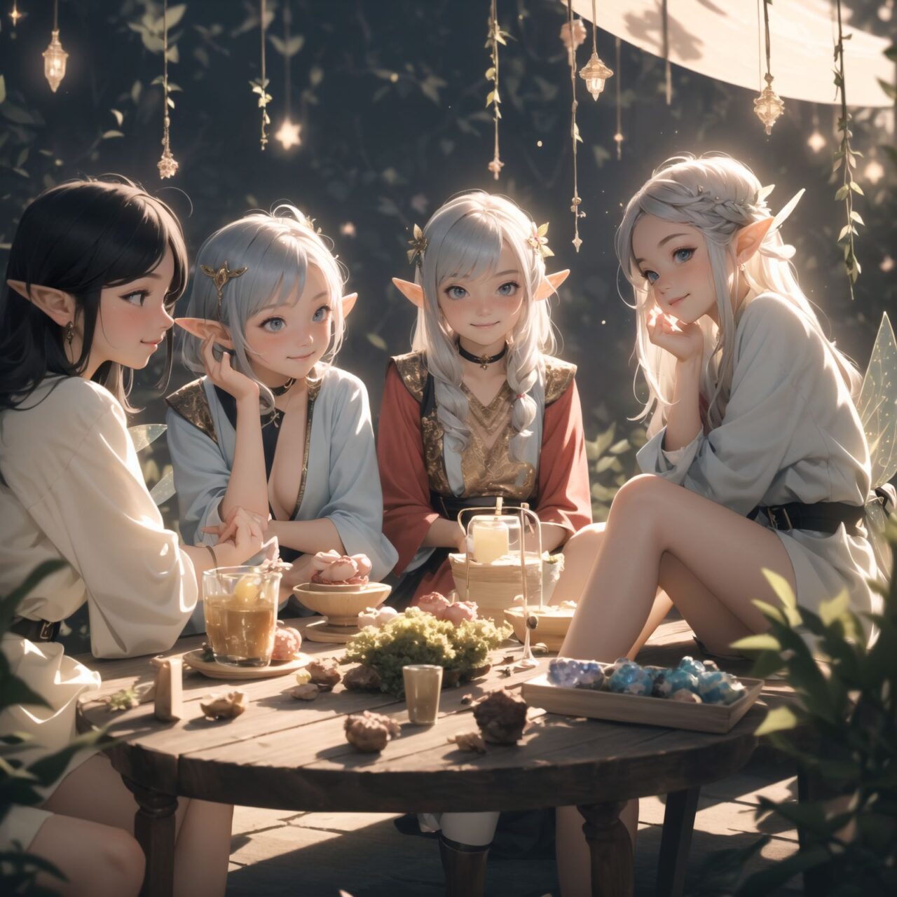 (Dark but beautiful background:1.8), 
(four naive age 12 elf girls:1.4), 
(play house with friends:1.4), wide shot, 
(Fantasy world), 
(Innocent, youthful expression, gentle smile, blushing soft cheeks, shy attitude:1.3), 
shy Idol smile, 

Blue-grey hair, Stylish short cut, delicate hair flow, 

Fantastic forests full of life, 
(All life is gathered together), 
(Colourful fairies flit about:1.2), 
(adds to the loveliness of the scene:1.4), 

Focus on face, shallow depth of field, (f/1.2 lens:1.2), high resolution, depth blur,