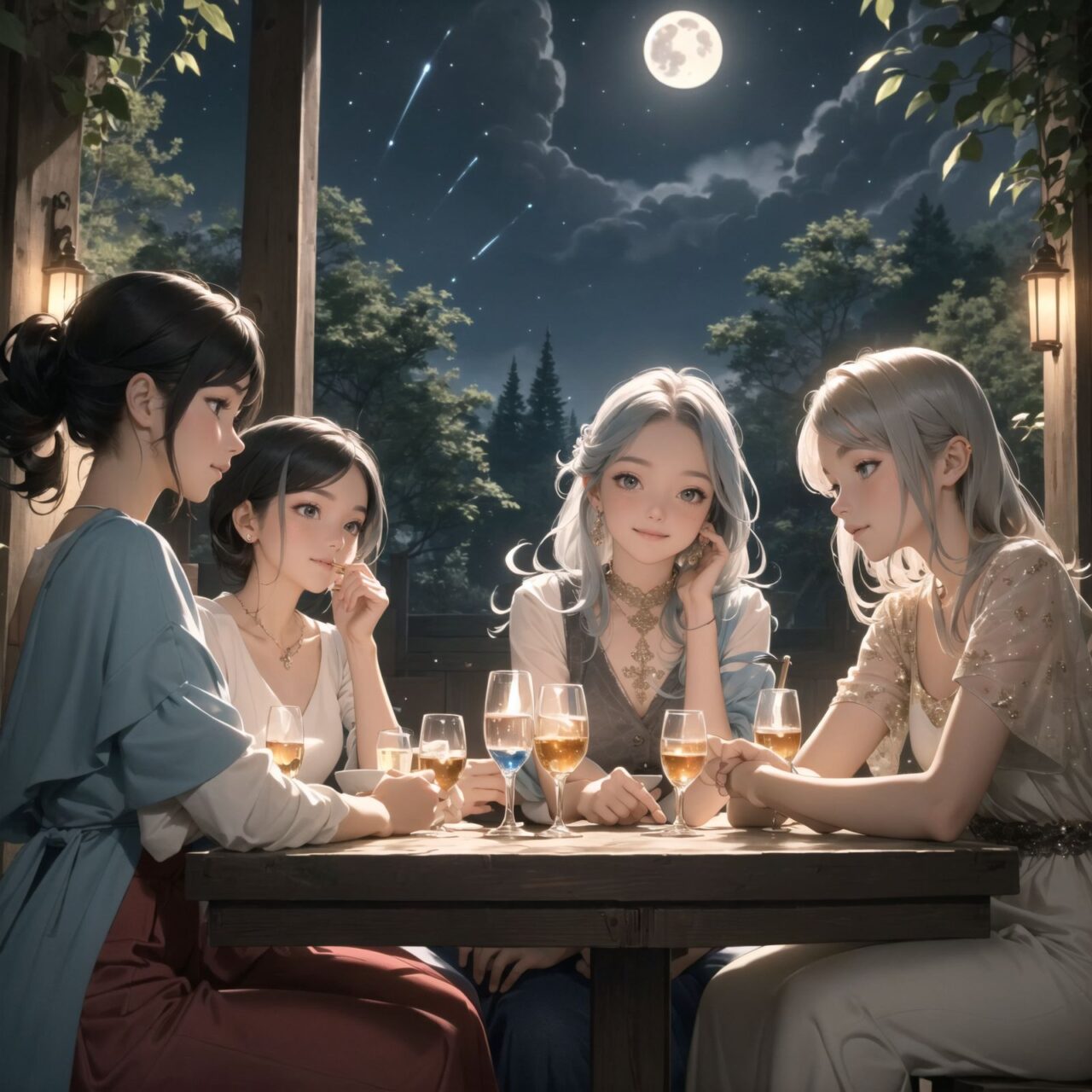 A dark but beautiful night background with four naive 18-year-old elf girls reminiscing about their childhood in a fantasy world. The scene is wide shot, set under a clear and mystical moonlight that casts a soft, enchanting glow over the fantastic forest full of life. All life is gathered together, and colorful fairies flit about, adding to the loveliness of the scene.

The girls have blue-grey hair stylishly cut short with delicate hair flow. They have innocent, youthful expressions with gentle smiles, soft blushing cheeks, and a shy attitude, displaying a shy idol smile. The scene captures a melancholic feeling as they nostalgically recall their younger days.

The girls are seated around a rustic wooden table, sipping on elegant glasses of elven wine, their faces illuminated by the clear moonlight. One girl is lost in thought, gazing at the stars; another is laughing softly with her friends, holding her wine glass delicately; the third is playing a gentle tune on a flute, and the fourth is sketching in a small notebook, capturing the magic of the night.

The image focuses on their faces with a shallow depth of field, using an f/1.2 lens, creating a high-resolution image with depth blur. The natural lighting casts soft shadows, enhancing their mature yet youthful beauty and highlighting the intricate details of their elegant attire.