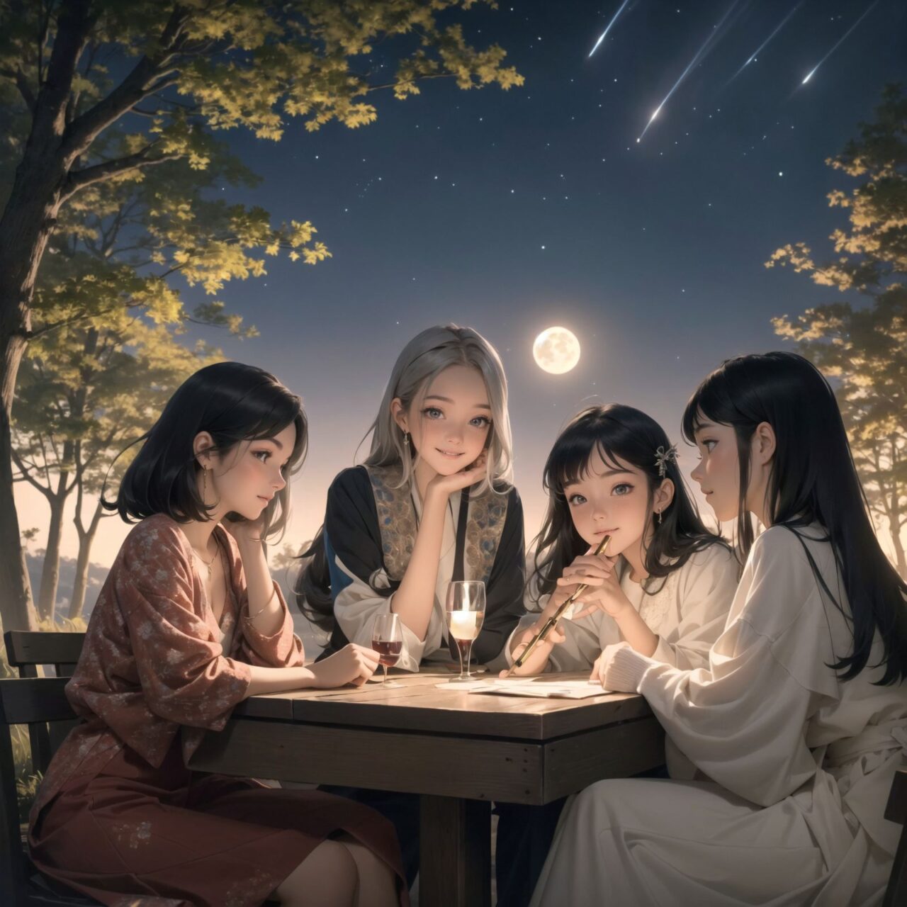 A dark but beautiful night background with four naive 18-year-old elf girls reminiscing about their childhood in a fantasy world. The scene is wide shot, set under a clear and mystical moonlight that casts a soft, enchanting glow over the fantastic forest full of life. All life is gathered together, and colorful fairies flit about, adding to the loveliness of the scene.

The girls have blue-grey hair stylishly cut short with delicate hair flow. They have innocent, youthful expressions with gentle smiles, soft blushing cheeks, and a shy attitude, displaying a shy idol smile. The scene captures a melancholic feeling as they nostalgically recall their younger days.

The girls are seated around a rustic wooden table, sipping on elegant glasses of elven wine, their faces illuminated by the clear moonlight. One girl is lost in thought, gazing at the stars; another is laughing softly with her friends, holding her wine glass delicately; the third is playing a gentle tune on a flute, and the fourth is sketching in a small notebook, capturing the magic of the night.

The image focuses on their faces with a shallow depth of field, using an f/1.2 lens, creating a high-resolution image with depth blur. The natural lighting casts soft shadows, enhancing their mature yet youthful beauty and highlighting the intricate details of their elegant attire.