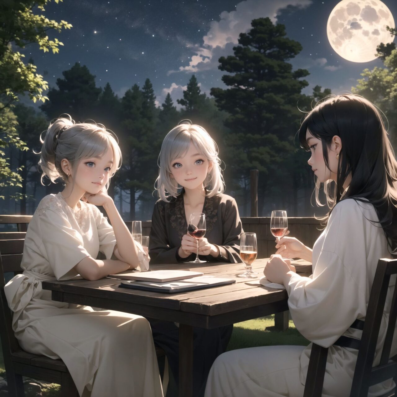 A dark but beautiful night background with four naive 18-year-old elf girls reminiscing about their childhood in a fantasy world. The scene is wide shot, set under a clear and mystical moonlight that casts a soft, enchanting glow over the fantastic forest full of life. All life is gathered together, and colorful fairies flit about, adding to the loveliness of the scene.

The girls have blue-grey hair stylishly cut short with delicate hair flow. They have innocent, youthful expressions with gentle smiles, soft blushing cheeks, and a shy attitude, displaying a shy idol smile. The scene captures a melancholic feeling as they nostalgically recall their younger days.

The girls are seated around a rustic wooden table, sipping on elegant glasses of elven wine, their faces illuminated by the clear moonlight. One girl is lost in thought, gazing at the stars; another is laughing softly with her friends, holding her wine glass delicately; the third is playing a gentle tune on a flute, and the fourth is sketching in a small notebook, capturing the magic of the night.

The image focuses on their faces with a shallow depth of field, using an f/1.2 lens, creating a high-resolution image with depth blur. The natural lighting casts soft shadows, enhancing their mature yet youthful beauty and highlighting the intricate details of their elegant attire.