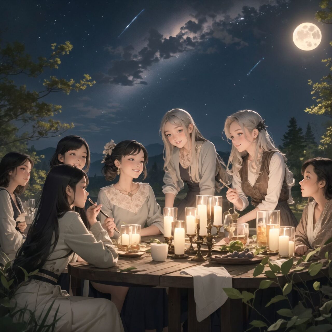 A dark but beautiful night background with four naive 18-year-old elf girls reminiscing about their childhood in a fantasy world. The scene is wide shot, set under a clear and mystical moonlight that casts a soft, enchanting glow over the fantastic forest full of life. All life is gathered together, and colorful fairies flit about, adding to the loveliness of the scene.

The girls have blue-grey hair stylishly cut short with delicate hair flow. They have innocent, youthful expressions with gentle smiles, soft blushing cheeks, and a shy attitude, displaying a shy idol smile. The scene captures a melancholic feeling as they nostalgically recall their younger days.

The girls are seated around a rustic wooden table, sipping on elegant glasses of elven wine, their faces illuminated by the clear moonlight. One girl is lost in thought, gazing at the stars; another is laughing softly with her friends, holding her wine glass delicately; the third is playing a gentle tune on a flute, and the fourth is sketching in a small notebook, capturing the magic of the night.

The image focuses on their faces with a shallow depth of field, using an f/1.2 lens, creating a high-resolution image with depth blur. The natural lighting casts soft shadows, enhancing their mature yet youthful beauty and highlighting the intricate details of their elegant attire.