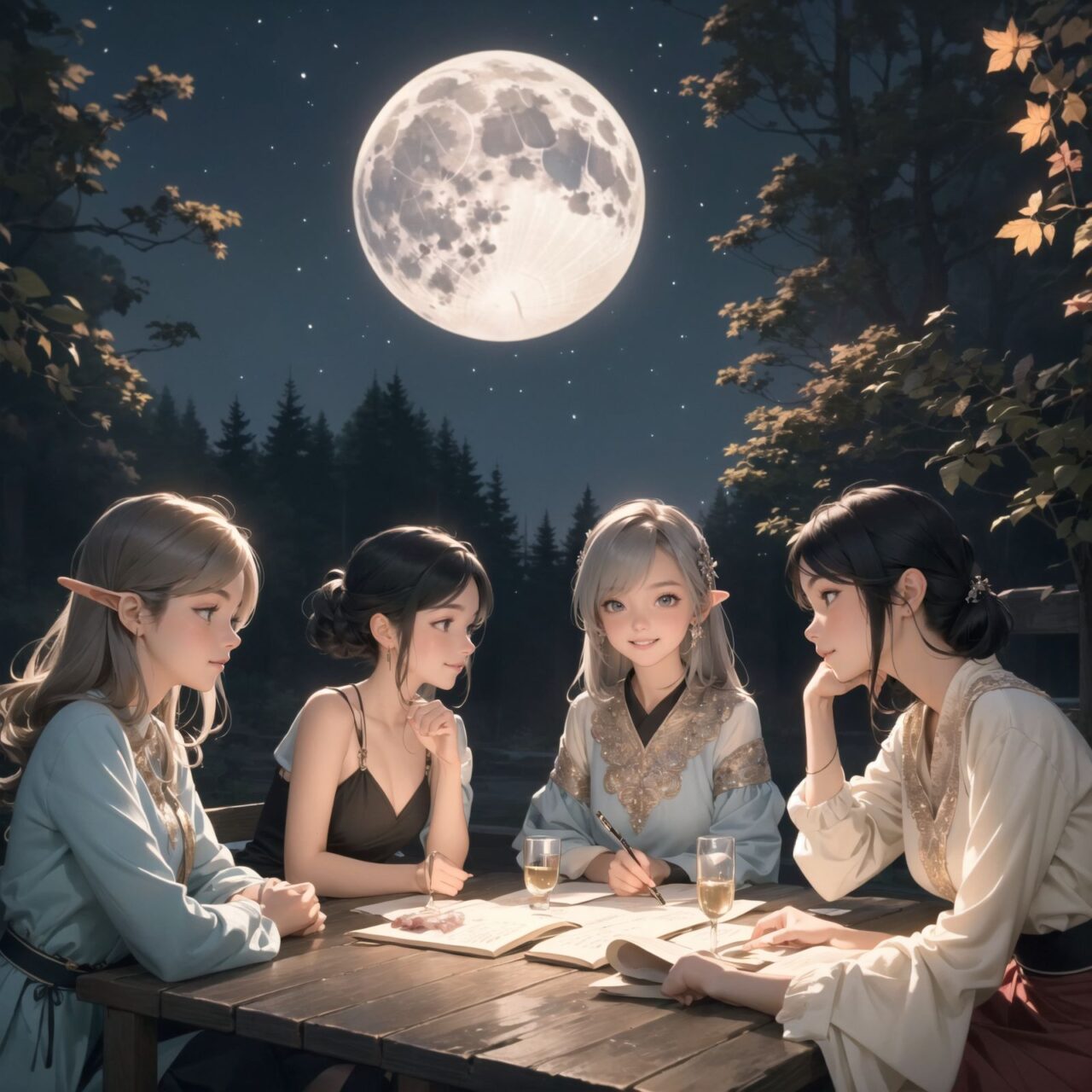 A dark but beautiful night background with four naive 18-year-old (elf girls) reminiscing about their childhood in a fantasy world. The scene is wide shot, set under a clear and mystical moonlight that casts a soft, enchanting glow over the fantastic forest full of life. All life is gathered together, and colorful fairies flit about, adding to the loveliness of the scene.

The girls have blue-grey hair stylishly cut short with delicate hair flow. They have innocent, youthful expressions with gentle smiles, soft blushing cheeks, and a shy attitude, displaying a shy idol smile. The scene captures a melancholic feeling as they nostalgically recall their younger days.

The girls are seated around a rustic wooden table, sipping on elegant glasses of elven wine, their faces illuminated by the clear moonlight. One girl is lost in thought, gazing at the stars; another is laughing softly with her friends, holding her wine glass delicately; the third is playing a gentle tune on a flute, and the fourth is sketching in a small notebook, capturing the magic of the night.

The image focuses on their faces with a shallow depth of field, using an f/1.2 lens, creating a high-resolution image with depth blur. The natural lighting casts soft shadows, enhancing their mature yet youthful beauty and highlighting the intricate details of their elegant attire.