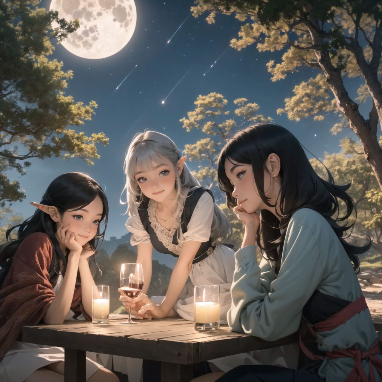 A dark but beautiful night background with four naive 18-year-old (elf girls) reminiscing about their childhood in a fantasy world. The scene is wide shot, set under a clear and mystical moonlight that casts a soft, enchanting glow over the fantastic forest full of life. All life is gathered together, and colorful fairies flit about, adding to the loveliness of the scene.

The girls have blue-grey hair stylishly cut short with delicate hair flow. They have innocent, youthful expressions with gentle smiles, soft blushing cheeks, and a shy attitude, displaying a shy idol smile. The scene captures a melancholic feeling as they nostalgically recall their younger days.

The girls are seated around a rustic wooden table, sipping on elegant glasses of elven wine, their faces illuminated by the clear moonlight. One girl is lost in thought, gazing at the stars; another is laughing softly with her friends, holding her wine glass delicately; the third is playing a gentle tune on a flute, and the fourth is sketching in a small notebook, capturing the magic of the night.

The image focuses on their faces with a shallow depth of field, using an f/1.2 lens, creating a high-resolution image with depth blur. The natural lighting casts soft shadows, enhancing their mature yet youthful beauty and highlighting the intricate details of their elegant attire.