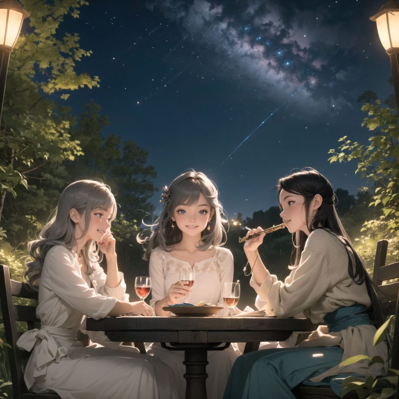 A dark but beautiful night background with four naive 18-year-old (elf girls) reminiscing about their childhood in a fantasy world. The scene is wide shot, set under a clear and mystical moonlight that casts a soft, enchanting glow over the fantastic forest full of life. All life is gathered together, and colorful fairies flit about, adding to the loveliness of the scene.

The girls have blue-grey hair stylishly cut short with delicate hair flow. They have innocent, youthful expressions with gentle smiles, soft blushing cheeks, and a shy attitude, displaying a shy idol smile. The scene captures a melancholic feeling as they nostalgically recall their younger days.

The girls are seated around a rustic wooden table, sipping on elegant glasses of elven wine, their faces illuminated by the clear moonlight. One girl is lost in thought, gazing at the stars; another is laughing softly with her friends, holding her wine glass delicately; the third is playing a gentle tune on a flute, and the fourth is sketching in a small notebook, capturing the magic of the night.

The image focuses on their faces with a shallow depth of field, using an f/1.2 lens, creating a high-resolution image with depth blur. The natural lighting casts soft shadows, enhancing their mature yet youthful beauty and highlighting the intricate details of their elegant attire.