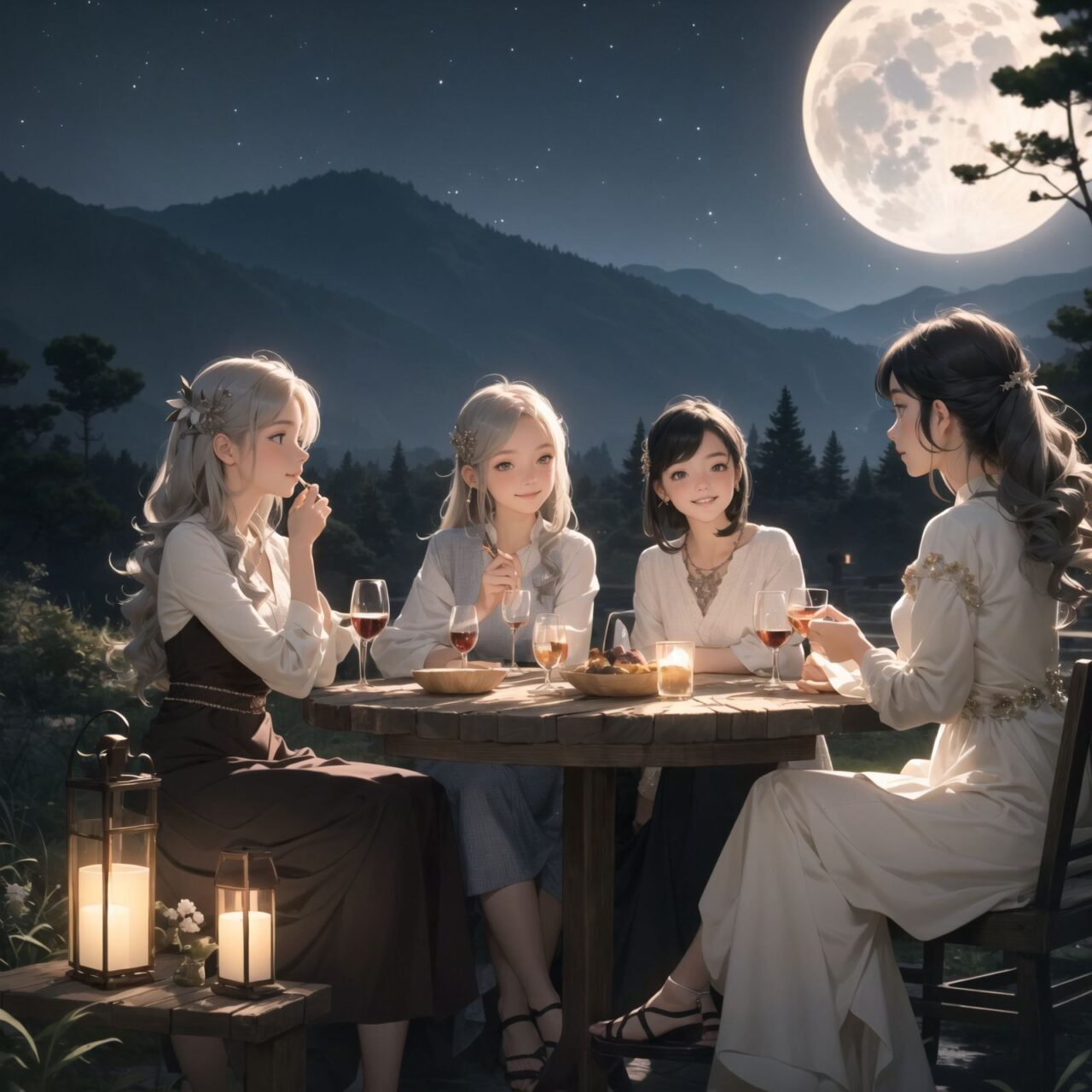 A dark but beautiful night background with four naive 18-year-old (elf girls) reminiscing about their childhood in a fantasy world. The scene is wide shot, set under a clear and mystical moonlight that casts a soft, enchanting glow over the fantastic forest full of life. All life is gathered together, and colorful fairies flit about, adding to the loveliness of the scene.

The girls have blue-grey hair stylishly cut short with delicate hair flow. They have innocent, youthful expressions with gentle smiles, soft blushing cheeks, and a shy attitude, displaying a shy idol smile. The scene captures a melancholic feeling as they nostalgically recall their younger days.

The girls are seated around a rustic wooden table, sipping on elegant glasses of elven wine, their faces illuminated by the clear moonlight. One girl is lost in thought, gazing at the stars; another is laughing softly with her friends, holding her wine glass delicately; the third is playing a gentle tune on a flute, and the fourth is sketching in a small notebook, capturing the magic of the night.

The image focuses on their faces with a shallow depth of field, using an f/1.2 lens, creating a high-resolution image with depth blur. The natural lighting casts soft shadows, enhancing their mature yet youthful beauty and highlighting the intricate details of their elegant attire.