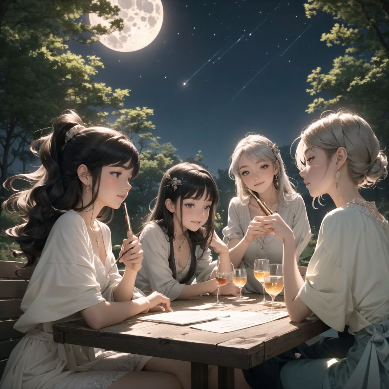 A dark but beautiful night background with four naive 18-year-old (elf girls) reminiscing about their childhood in a fantasy world. The scene is wide shot, set under a clear and mystical moonlight that casts a soft, enchanting glow over the fantastic forest full of life. All life is gathered together, and colorful fairies flit about, adding to the loveliness of the scene.

The girls have blue-grey hair stylishly cut short with delicate hair flow. They have innocent, youthful expressions with gentle smiles, soft blushing cheeks, and a shy attitude, displaying a shy idol smile. The scene captures a melancholic feeling as they nostalgically recall their younger days.

The girls are seated around a rustic wooden table, sipping on elegant glasses of elven wine, their faces illuminated by the clear moonlight. One girl is lost in thought, gazing at the stars; another is laughing softly with her friends, holding her wine glass delicately; the third is playing a gentle tune on a flute, and the fourth is sketching in a small notebook, capturing the magic of the night.

The image focuses on their faces with a shallow depth of field, using an f/1.2 lens, creating a high-resolution image with depth blur. The natural lighting casts soft shadows, enhancing their mature yet youthful beauty and highlighting the intricate details of their elegant attire.