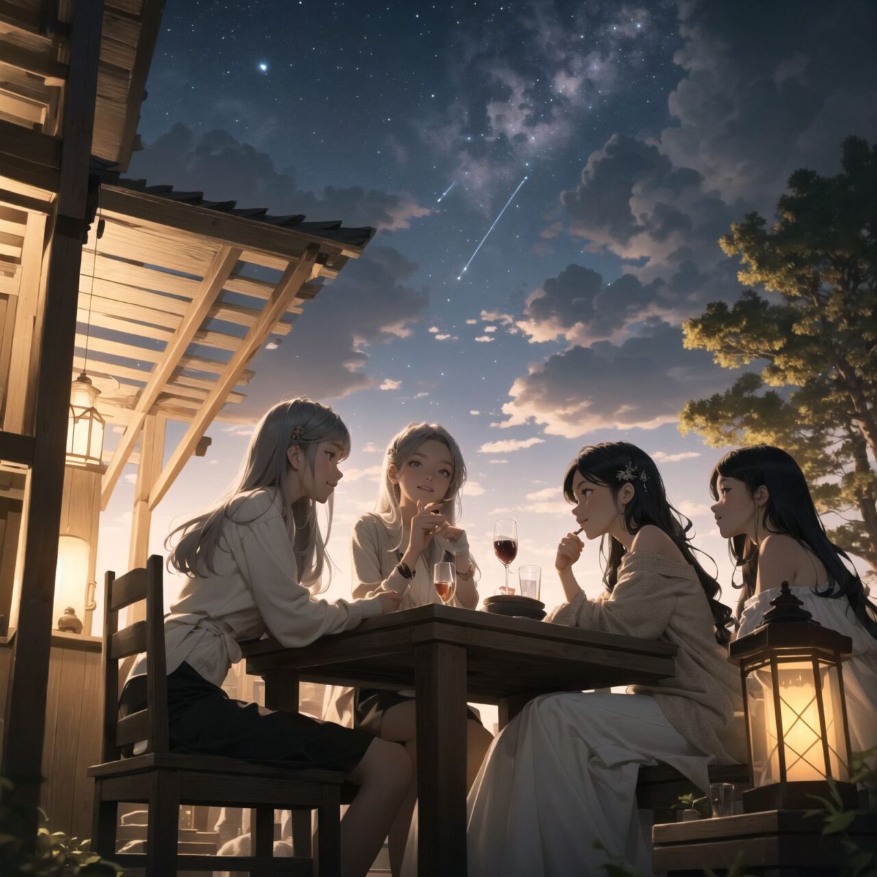 A dark but beautiful night background with four naive 18-year-old (elf girls) reminiscing about their childhood in a fantasy world. The scene is wide shot, set under a clear and mystical moonlight that casts a soft, enchanting glow over the fantastic forest full of life. All life is gathered together, and colorful fairies flit about, adding to the loveliness of the scene.

The girls have blue-grey hair stylishly cut short with delicate hair flow. They have innocent, youthful expressions with gentle smiles, soft blushing cheeks, and a shy attitude, displaying a shy idol smile. The scene captures a melancholic feeling as they nostalgically recall their younger days.

The girls are seated around a rustic wooden table, sipping on elegant glasses of elven wine, their faces illuminated by the clear moonlight. One girl is lost in thought, gazing at the stars; another is laughing softly with her friends, holding her wine glass delicately; the third is playing a gentle tune on a flute, and the fourth is sketching in a small notebook, capturing the magic of the night.

The image focuses on their faces with a shallow depth of field, using an f/1.2 lens, creating a high-resolution image with depth blur. The natural lighting casts soft shadows, enhancing their mature yet youthful beauty and highlighting the intricate details of their elegant attire.