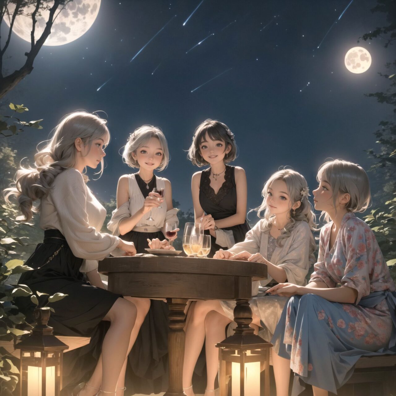 A dark but beautiful night background with four naive 18-year-old (elf girls) reminiscing about their childhood in a fantasy world. The scene is wide shot, set under a clear and mystical moonlight that casts a soft, enchanting glow over the fantastic forest full of life. All life is gathered together, and colorful fairies flit about, adding to the loveliness of the scene.

The girls have blue-grey hair stylishly cut short with delicate hair flow. They have innocent, youthful expressions with gentle smiles, soft blushing cheeks, and a shy attitude, displaying a shy idol smile. The scene captures a melancholic feeling as they nostalgically recall their younger days.

The girls are seated around a rustic wooden table, sipping on elegant glasses of elven wine, their faces illuminated by the clear moonlight. One girl is lost in thought, gazing at the stars; another is laughing softly with her friends, holding her wine glass delicately; the third is playing a gentle tune on a flute, and the fourth is sketching in a small notebook, capturing the magic of the night.

The image focuses on their faces with a shallow depth of field, using an f/1.2 lens, creating a high-resolution image with depth blur. The natural lighting casts soft shadows, enhancing their mature yet youthful beauty and highlighting the intricate details of their elegant attire.