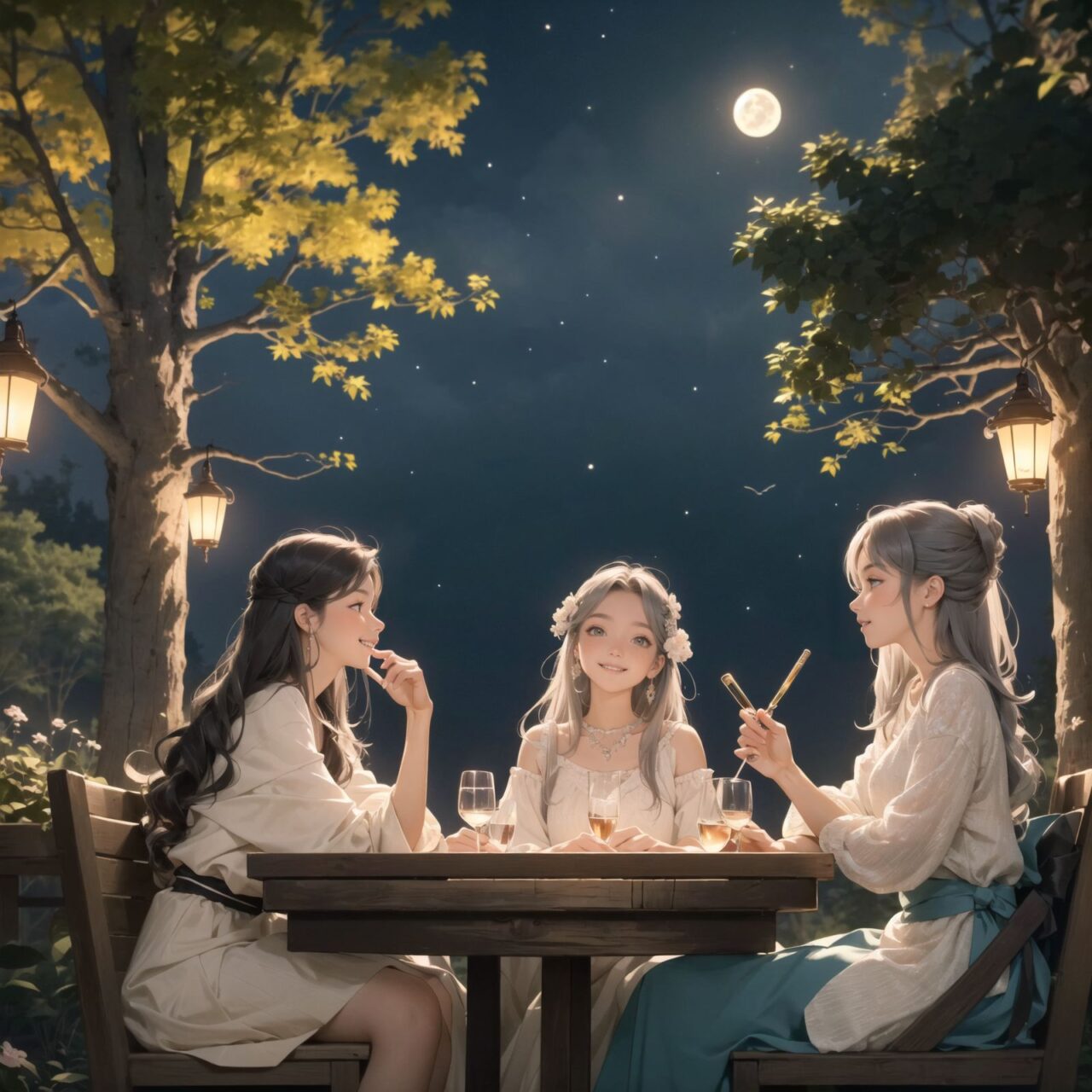 A dark but beautiful night background with four naive 18-year-old (elf girls) reminiscing about their childhood in a fantasy world. The scene is wide shot, set under a clear and mystical moonlight that casts a soft, enchanting glow over the fantastic forest full of life. All life is gathered together, and colorful fairies flit about, adding to the loveliness of the scene.

The girls have blue-grey hair stylishly cut short with delicate hair flow. They have innocent, youthful expressions with gentle smiles, soft blushing cheeks, and a shy attitude, displaying a shy idol smile. The scene captures a melancholic feeling as they nostalgically recall their younger days.

The girls are seated around a rustic wooden table, sipping on elegant glasses of elven wine, their faces illuminated by the clear moonlight. One girl is lost in thought, gazing at the stars; another is laughing softly with her friends, holding her wine glass delicately; the third is playing a gentle tune on a flute, and the fourth is sketching in a small notebook, capturing the magic of the night.

The image focuses on their faces with a shallow depth of field, using an f/1.2 lens, creating a high-resolution image with depth blur. The natural lighting casts soft shadows, enhancing their mature yet youthful beauty and highlighting the intricate details of their elegant attire.