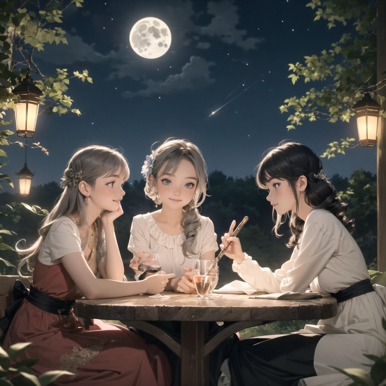 A dark but beautiful night background with four naive 18-year-old (elf girls) reminiscing about their childhood in a fantasy world. The scene is wide shot, set under a clear and mystical moonlight that casts a soft, enchanting glow over the fantastic forest full of life. All life is gathered together, and colorful fairies flit about, adding to the loveliness of the scene.

The girls have blue-grey hair stylishly cut short with delicate hair flow. They have innocent, youthful expressions with gentle smiles, soft blushing cheeks, and a shy attitude, displaying a shy idol smile. The scene captures a melancholic feeling as they nostalgically recall their younger days.

The girls are seated around a rustic wooden table, sipping on elegant glasses of elven wine, their faces illuminated by the clear moonlight. One girl is lost in thought, gazing at the stars; another is laughing softly with her friends, holding her wine glass delicately; the third is playing a gentle tune on a flute, and the fourth is sketching in a small notebook, capturing the magic of the night.

The image focuses on their faces with a shallow depth of field, using an f/1.2 lens, creating a high-resolution image with depth blur. The natural lighting casts soft shadows, enhancing their mature yet youthful beauty and highlighting the intricate details of their elegant attire.