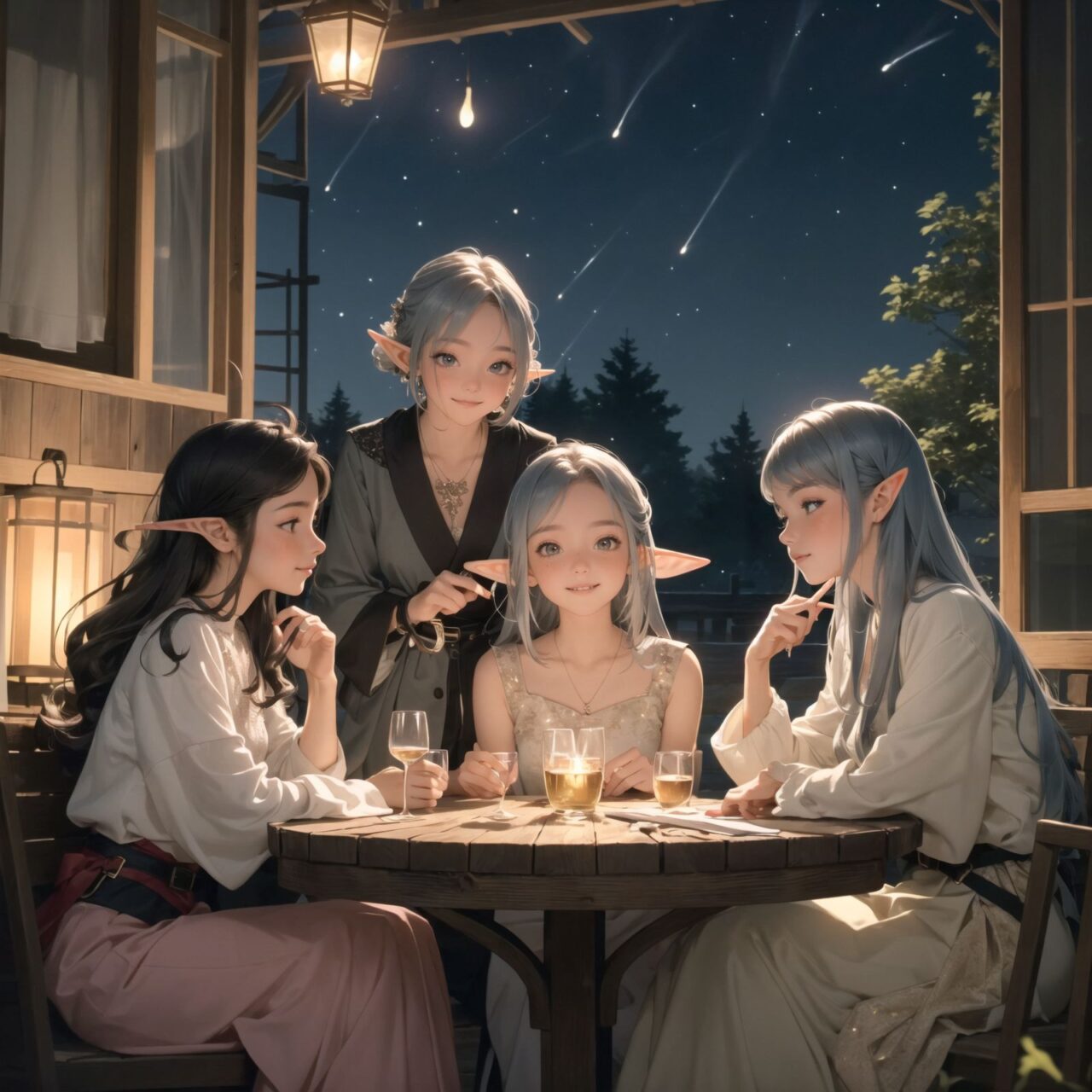 A dark but beautiful night background with four naive 18-year-old (elf girls) reminiscing about their childhood in a fantasy world. The scene is wide shot, set under a clear and mystical moonlight that casts a soft, enchanting glow over the fantastic forest full of life. All life is gathered together, and colorful fairies flit about, adding to the loveliness of the scene.

The girls have blue-grey hair stylishly cut short with delicate hair flow. They have innocent, youthful expressions with gentle smiles, soft blushing cheeks, and a shy attitude, displaying a shy idol smile. The scene captures a melancholic feeling as they nostalgically recall their younger days.

The girls are seated around a rustic wooden table, sipping on elegant glasses of elven wine, their faces illuminated by the clear moonlight. One girl is lost in thought, gazing at the stars; another is laughing softly with her friends, holding her wine glass delicately; the third is playing a gentle tune on a flute, and the fourth is sketching in a small notebook, capturing the magic of the night.

The image focuses on their faces with a shallow depth of field, using an f/1.2 lens, creating a high-resolution image with depth blur. The natural lighting casts soft shadows, enhancing their mature yet youthful beauty and highlighting the intricate details of their elegant attire.