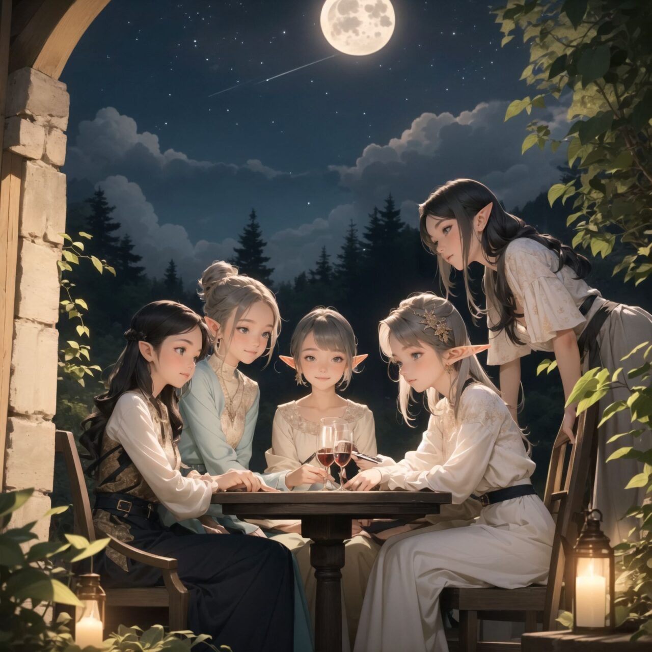 A dark but beautiful night background with four naive 18-year-old (elf girls) reminiscing about their childhood in a fantasy world. The scene is wide shot, set under a clear and mystical moonlight that casts a soft, enchanting glow over the fantastic forest full of life. All life is gathered together, and colorful fairies flit about, adding to the loveliness of the scene.

The girls have blue-grey hair stylishly cut short with delicate hair flow. They have innocent, youthful expressions with gentle smiles, soft blushing cheeks, and a shy attitude, displaying a shy idol smile. The scene captures a melancholic feeling as they nostalgically recall their younger days.

The girls are seated around a rustic wooden table, sipping on elegant glasses of elven wine, their faces illuminated by the clear moonlight. One girl is lost in thought, gazing at the stars; another is laughing softly with her friends, holding her wine glass delicately; the third is playing a gentle tune on a flute, and the fourth is sketching in a small notebook, capturing the magic of the night.

The image focuses on their faces with a shallow depth of field, using an f/1.2 lens, creating a high-resolution image with depth blur. The natural lighting casts soft shadows, enhancing their mature yet youthful beauty and highlighting the intricate details of their elegant attire.