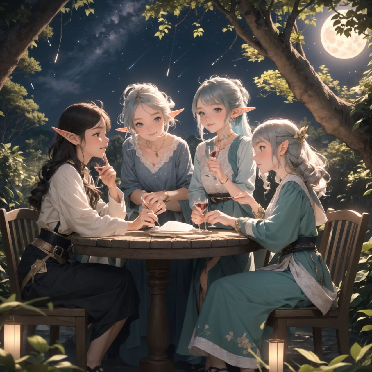 A dark but beautiful night background with four naive 18-year-old (elf girls) reminiscing about their childhood in a fantasy world. The scene is wide shot, set under a clear and mystical moonlight that casts a soft, enchanting glow over the fantastic forest full of life. All life is gathered together, and colorful fairies flit about, adding to the loveliness of the scene.

The girls have blue-grey hair stylishly cut short with delicate hair flow. They have innocent, youthful expressions with gentle smiles, soft blushing cheeks, and a shy attitude, displaying a shy idol smile. The scene captures a melancholic feeling as they nostalgically recall their younger days.

The girls are seated around a rustic wooden table, sipping on elegant glasses of elven wine, their faces illuminated by the clear moonlight. One girl is lost in thought, gazing at the stars; another is laughing softly with her friends, holding her wine glass delicately; the third is playing a gentle tune on a flute, and the fourth is sketching in a small notebook, capturing the magic of the night.

The image focuses on their faces with a shallow depth of field, using an f/1.2 lens, creating a high-resolution image with depth blur. The natural lighting casts soft shadows, enhancing their mature yet youthful beauty and highlighting the intricate details of their elegant attire.