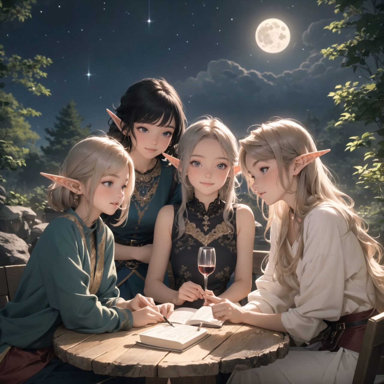 A dark but beautiful night background with four naive 18-year-old (elf girls) reminiscing about their childhood in a fantasy world. The scene is wide shot, set under a clear and mystical moonlight that casts a soft, enchanting glow over the fantastic forest full of life. All life is gathered together, and colorful fairies flit about, adding to the loveliness of the scene.

The girls have blue-grey hair stylishly cut short with delicate hair flow. They have innocent, youthful expressions with gentle smiles, soft blushing cheeks, and a shy attitude, displaying a shy idol smile. The scene captures a melancholic feeling as they nostalgically recall their younger days.

The girls are seated around a rustic wooden table, sipping on elegant glasses of elven wine, their faces illuminated by the clear moonlight. One girl is lost in thought, gazing at the stars; another is laughing softly with her friends, holding her wine glass delicately; the third is playing a gentle tune on a flute, and the fourth is sketching in a small notebook, capturing the magic of the night.

The image focuses on their faces with a shallow depth of field, using an f/1.2 lens, creating a high-resolution image with depth blur. The natural lighting casts soft shadows, enhancing their mature yet youthful beauty and highlighting the intricate details of their elegant attire.