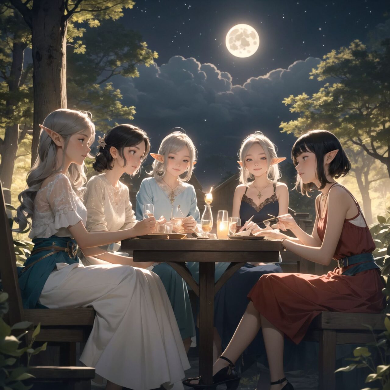 A dark but beautiful night background with four naive 18-year-old (elf girls) reminiscing about their childhood in a fantasy world. The scene is wide shot, set under a clear and mystical moonlight that casts a soft, enchanting glow over the fantastic forest full of life. All life is gathered together, and colorful fairies flit about, adding to the loveliness of the scene.

The girls have blue-grey hair stylishly cut short with delicate hair flow. They have innocent, youthful expressions with gentle smiles, soft blushing cheeks, and a shy attitude, displaying a shy idol smile. The scene captures a melancholic feeling as they nostalgically recall their younger days.

The girls are seated around a rustic wooden table, sipping on elegant glasses of elven wine, their faces illuminated by the clear moonlight. One girl is lost in thought, gazing at the stars; another is laughing softly with her friends, holding her wine glass delicately; the third is playing a gentle tune on a flute, and the fourth is sketching in a small notebook, capturing the magic of the night.

The image focuses on their faces with a shallow depth of field, using an f/1.2 lens, creating a high-resolution image with depth blur. The natural lighting casts soft shadows, enhancing their mature yet youthful beauty and highlighting the intricate details of their elegant attire.