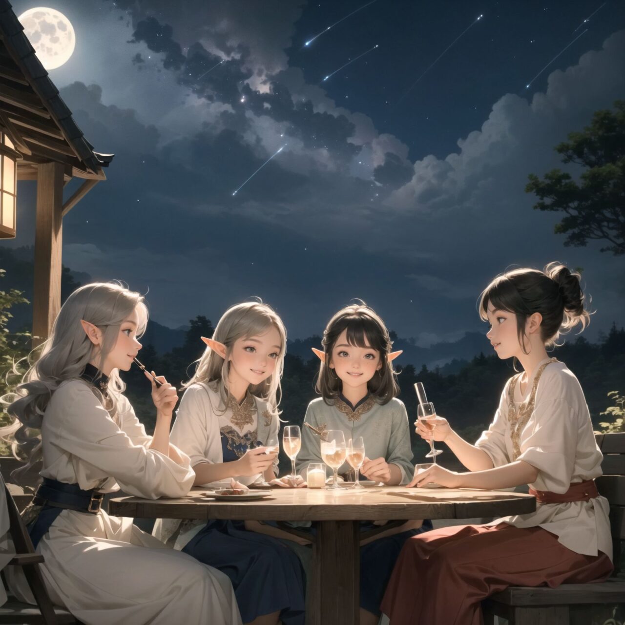 A dark but beautiful night background with four naive 18-year-old (elf girls) reminiscing about their childhood in a fantasy world. The scene is wide shot, set under a clear and mystical moonlight that casts a soft, enchanting glow over the fantastic forest full of life. All life is gathered together, and colorful fairies flit about, adding to the loveliness of the scene.

The girls have blue-grey hair stylishly cut short with delicate hair flow. They have innocent, youthful expressions with gentle smiles, soft blushing cheeks, and a shy attitude, displaying a shy idol smile. The scene captures a melancholic feeling as they nostalgically recall their younger days.

The girls are seated around a rustic wooden table, sipping on elegant glasses of elven wine, their faces illuminated by the clear moonlight. One girl is lost in thought, gazing at the stars; another is laughing softly with her friends, holding her wine glass delicately; the third is playing a gentle tune on a flute, and the fourth is sketching in a small notebook, capturing the magic of the night.

The image focuses on their faces with a shallow depth of field, using an f/1.2 lens, creating a high-resolution image with depth blur. The natural lighting casts soft shadows, enhancing their mature yet youthful beauty and highlighting the intricate details of their elegant attire.