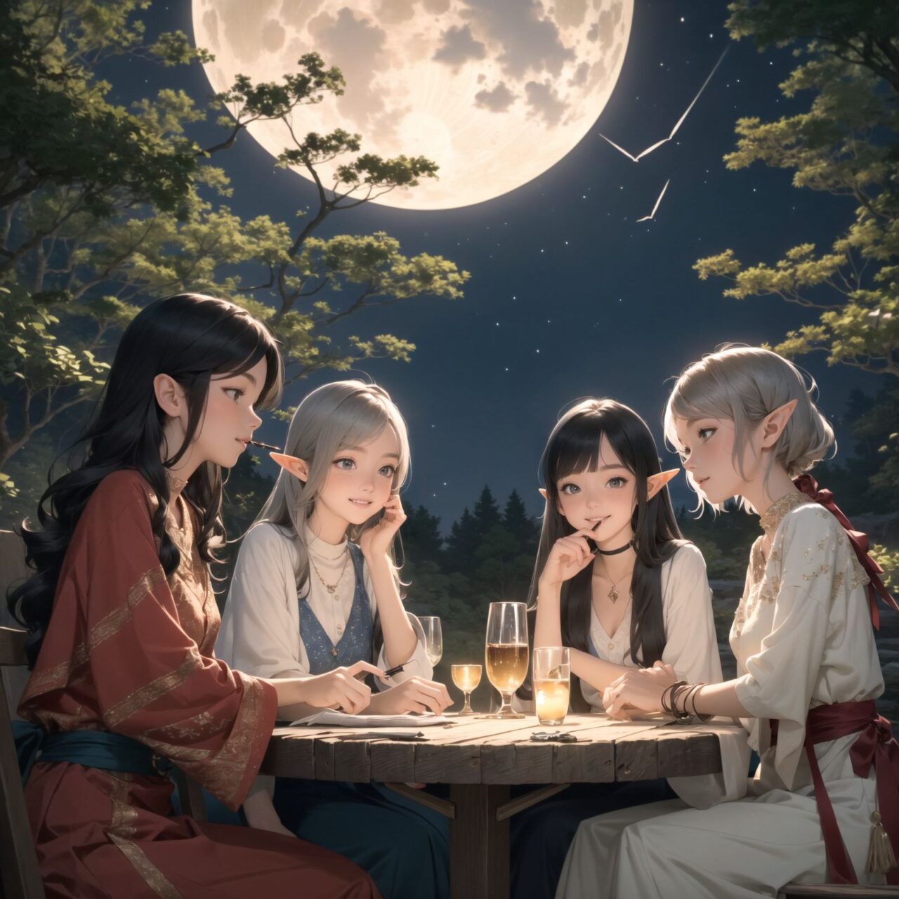 A dark but beautiful night background with four naive 18-year-old (elf girls) reminiscing about their childhood in a fantasy world. The scene is wide shot, set under a clear and mystical moonlight that casts a soft, enchanting glow over the fantastic forest full of life. All life is gathered together, and colorful fairies flit about, adding to the loveliness of the scene.

The girls have blue-grey hair stylishly cut short with delicate hair flow. They have innocent, youthful expressions with gentle smiles, soft blushing cheeks, and a shy attitude, displaying a shy idol smile. The scene captures a melancholic feeling as they nostalgically recall their younger days.

The girls are seated around a rustic wooden table, sipping on elegant glasses of elven wine, their faces illuminated by the clear moonlight. One girl is lost in thought, gazing at the stars; another is laughing softly with her friends, holding her wine glass delicately; the third is playing a gentle tune on a flute, and the fourth is sketching in a small notebook, capturing the magic of the night.

The image focuses on their faces with a shallow depth of field, using an f/1.2 lens, creating a high-resolution image with depth blur. The natural lighting casts soft shadows, enhancing their mature yet youthful beauty and highlighting the intricate details of their elegant attire.