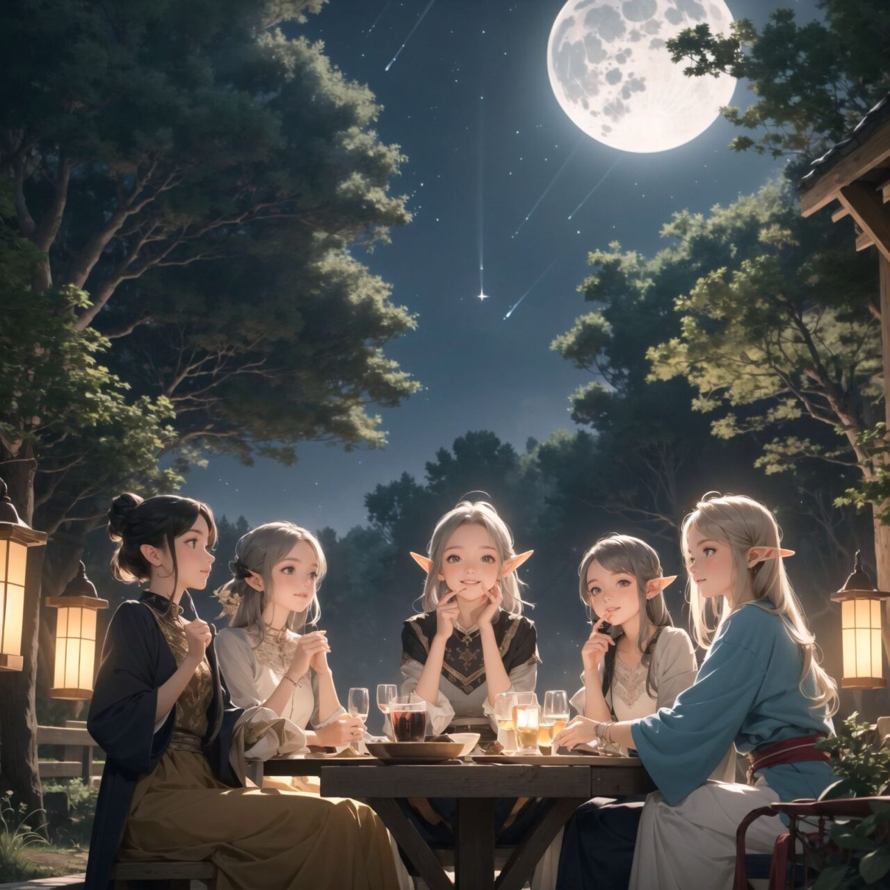 A dark but beautiful night background with four naive 18-year-old (elf girls) reminiscing about their childhood in a fantasy world. The scene is wide shot, set under a clear and mystical moonlight that casts a soft, enchanting glow over the fantastic forest full of life. All life is gathered together, and colorful fairies flit about, adding to the loveliness of the scene.

The girls have blue-grey hair stylishly cut short with delicate hair flow. They have innocent, youthful expressions with gentle smiles, soft blushing cheeks, and a shy attitude, displaying a shy idol smile. The scene captures a melancholic feeling as they nostalgically recall their younger days.

The girls are seated around a rustic wooden table, sipping on elegant glasses of elven wine, their faces illuminated by the clear moonlight. One girl is lost in thought, gazing at the stars; another is laughing softly with her friends, holding her wine glass delicately; the third is playing a gentle tune on a flute, and the fourth is sketching in a small notebook, capturing the magic of the night.

The image focuses on their faces with a shallow depth of field, using an f/1.2 lens, creating a high-resolution image with depth blur. The natural lighting casts soft shadows, enhancing their mature yet youthful beauty and highlighting the intricate details of their elegant attire.