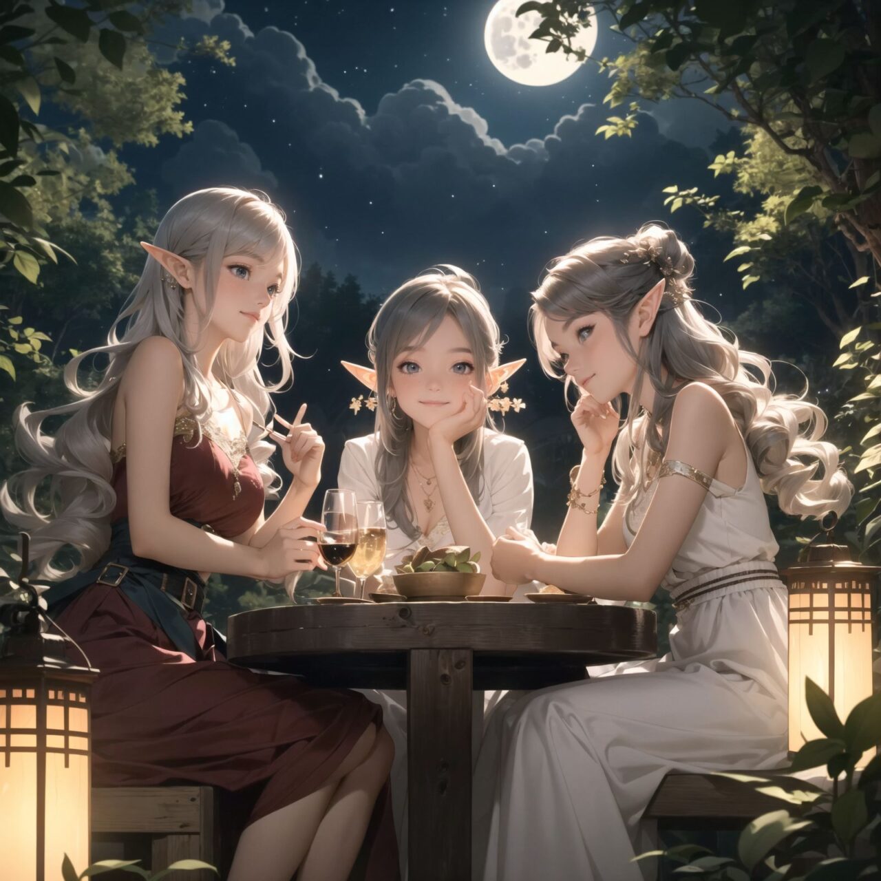 A dark but beautiful night background with four naive 18-year-old (elf girls) reminiscing about their childhood in a fantasy world. The scene is wide shot, set under a clear and mystical moonlight that casts a soft, enchanting glow over the fantastic forest full of life. All life is gathered together, and colorful fairies flit about, adding to the loveliness of the scene.

The girls have blue-grey hair stylishly cut short with delicate hair flow. They have innocent, youthful expressions with gentle smiles, soft blushing cheeks, and a shy attitude, displaying a shy idol smile. The scene captures a melancholic feeling as they nostalgically recall their younger days.

The girls are seated around a rustic wooden table, sipping on elegant glasses of elven wine, their faces illuminated by the clear moonlight. One girl is lost in thought, gazing at the stars; another is laughing softly with her friends, holding her wine glass delicately; the third is playing a gentle tune on a flute, and the fourth is sketching in a small notebook, capturing the magic of the night.

The image focuses on their faces with a shallow depth of field, using an f/1.2 lens, creating a high-resolution image with depth blur. The natural lighting casts soft shadows, enhancing their mature yet youthful beauty and highlighting the intricate details of their elegant attire.